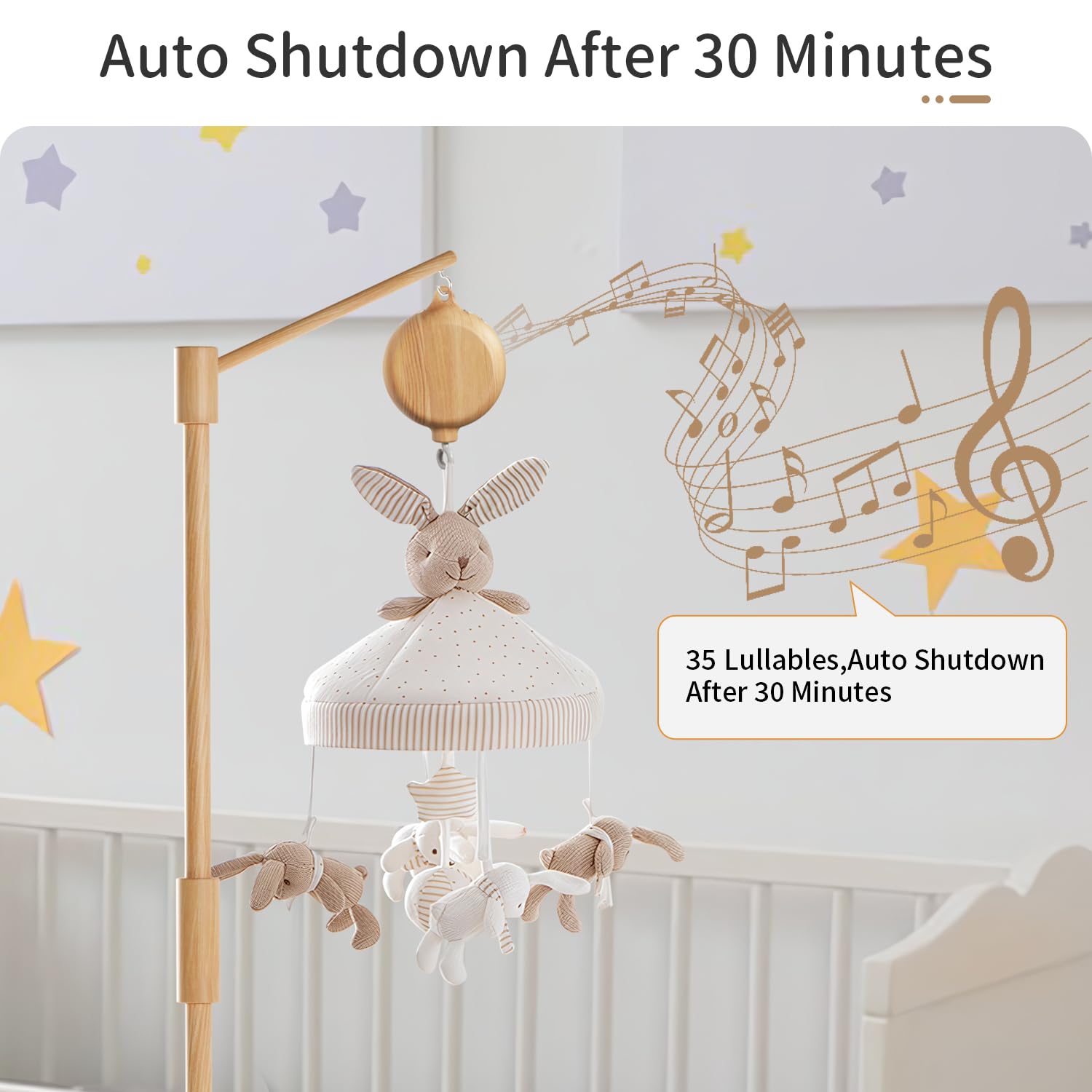 FEISIKE Baby Crib Mobile Arm with Music Box Spin Motor, 57.4 Inch Mobile Arm for Crib Wooden Nursery Decor Hanger Holder for DIY Mobile