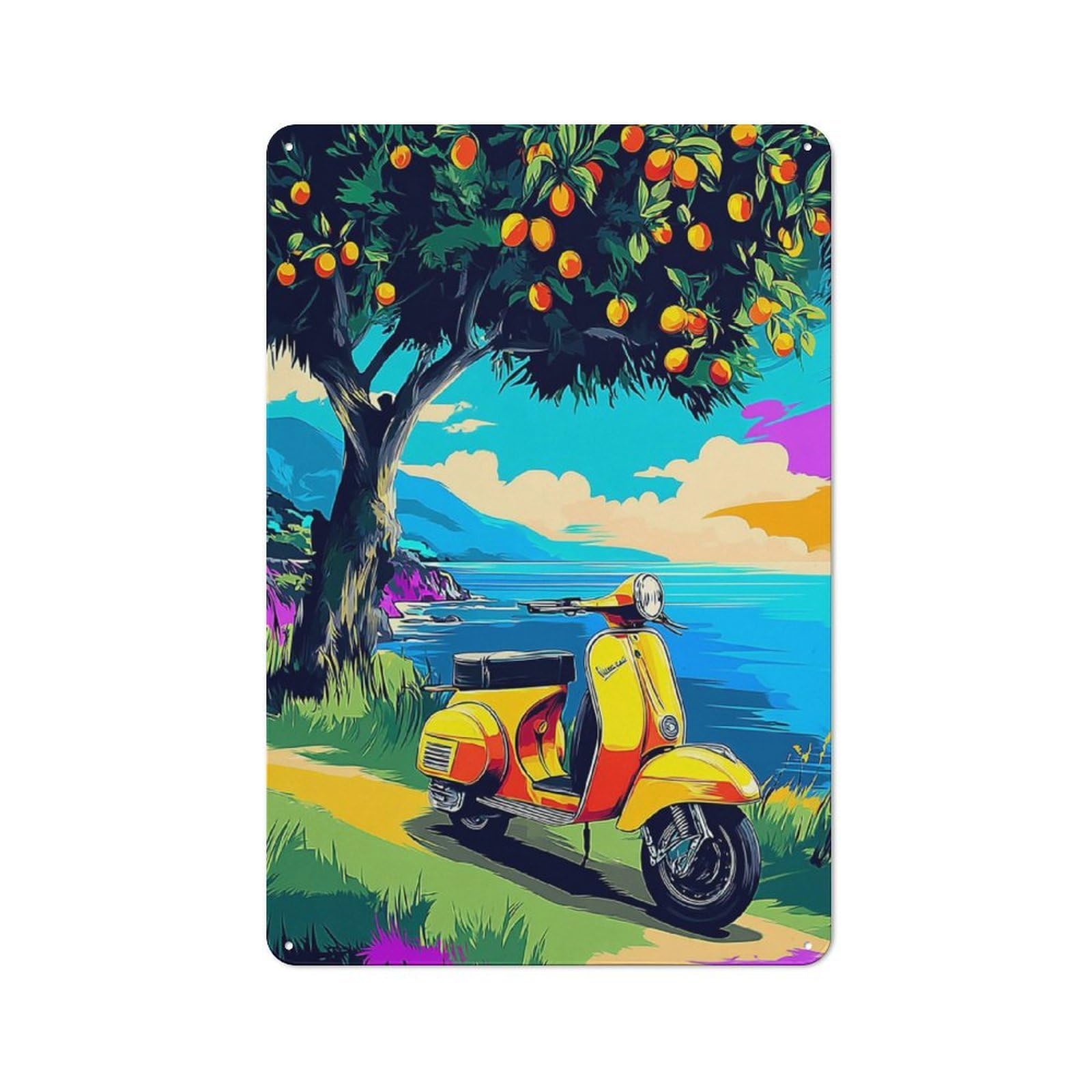 Junmoney Vibrant Scooter By The Sea -5 Rustic Tin Wall Plaque 30X20cm Featuring For Pub Or Café, A Decorative Christmas Gift For Café Interior Fans