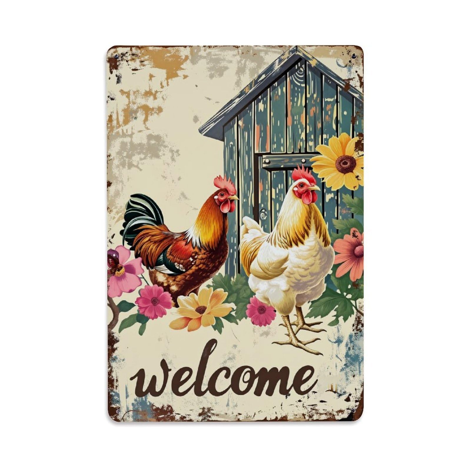 Enderetf Vintage Rooster Hen Flowers Barn Welcome Tin Sign Metal Poster, Home Bar Garage Man Cave Cafe Indoor & Outdoor Wall Decoration 8X12inches