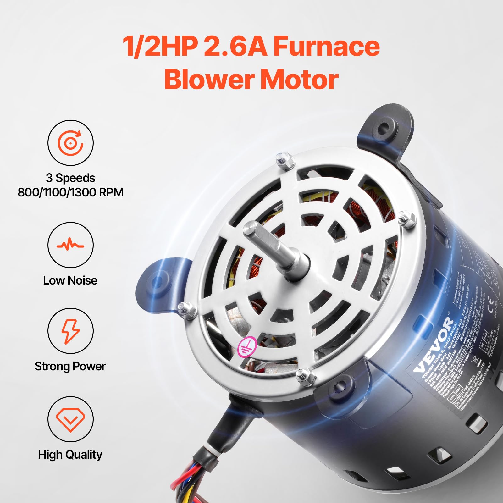 VEVOR Motor de Soplador de Horno de 1/2 HP, 220 V, 2,6 A, 1300 RPM, 3 Velocidades, Diámetro de Eje de 10 mm, Longitud de Eje de 20 mm, Rotación en Sentido Antihorario desde el Extremo del Eje