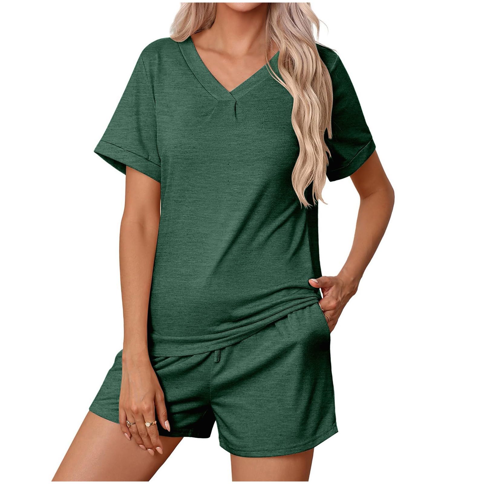 Akklian Womens Pajama Sets Comfy Short Sleeve Sleepwear V Neck Tshirt Tops and Shorts Classic 2 Piece Lounge