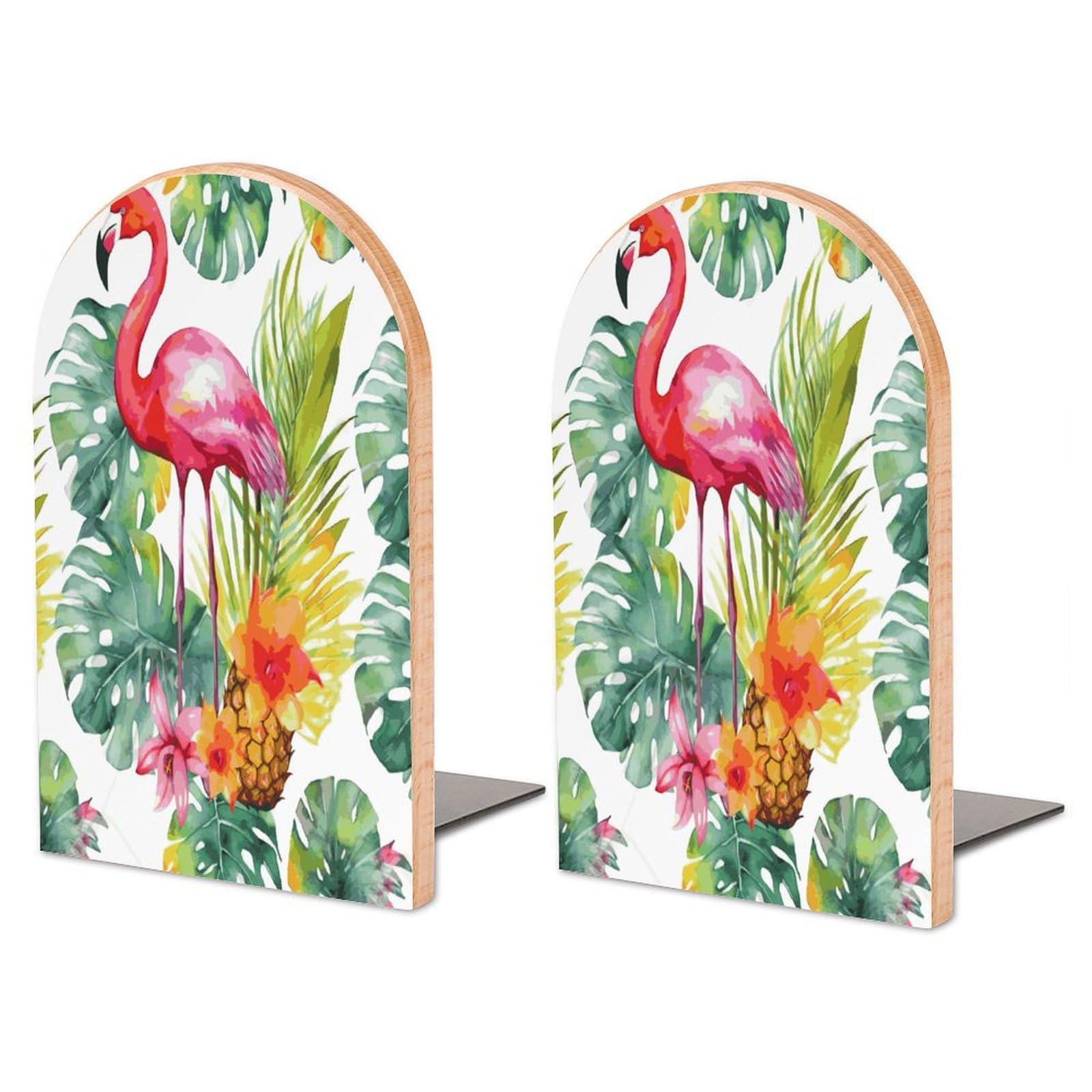 Non-Slip Bookend for Shelves Tropical Watercolor Pineapple Flamingo Wooden Bookends with Metal Base Decorative Book Stopper for Home Heavy Duty Wood Book Storage for Books/CDs