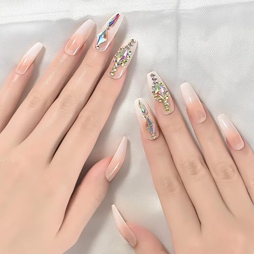 EchiQ - Uñas de lujo personalizadas con piedras grandes decoradas para uñas de lujo en forma de ataúd de color degradado, uñas naturales con