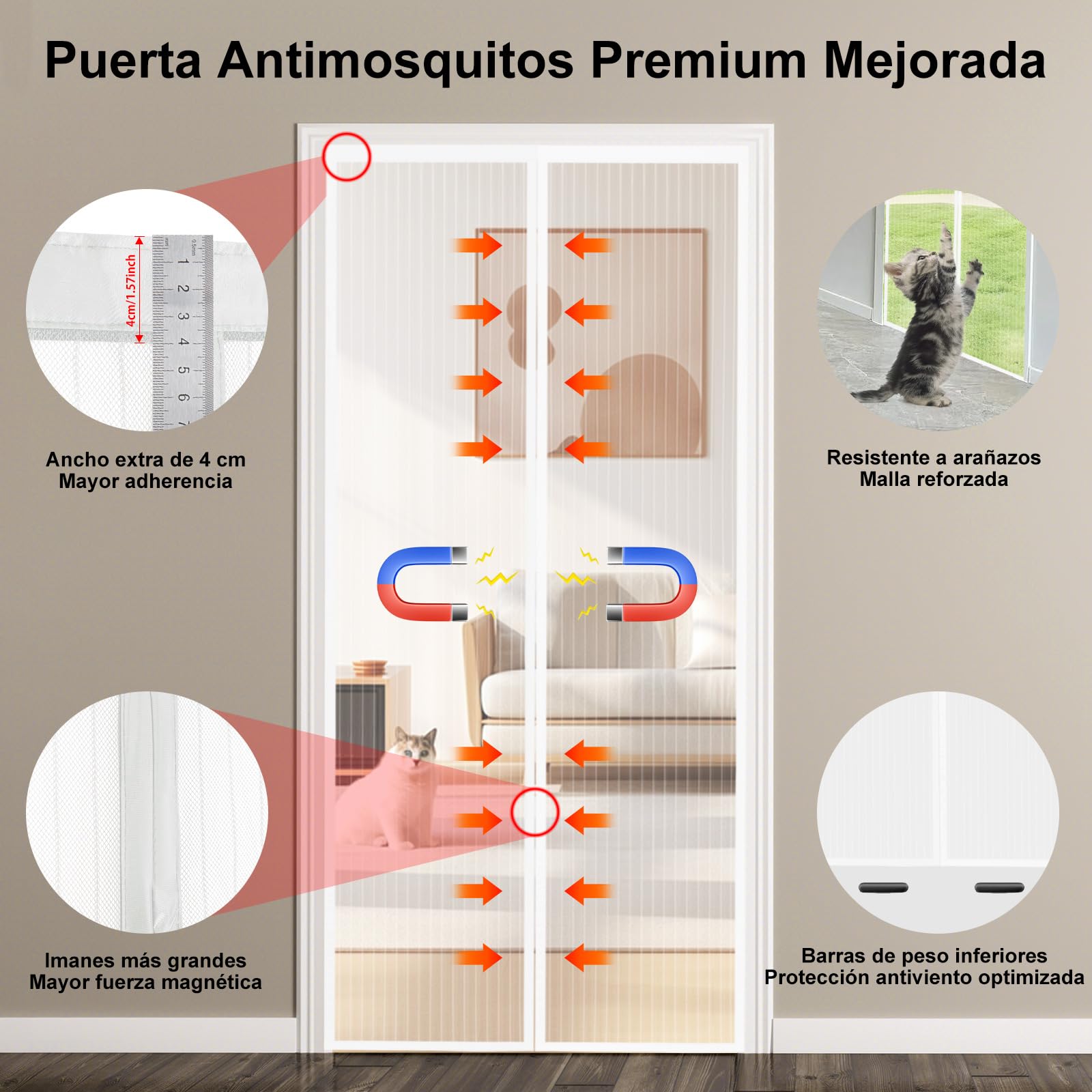 Versión Actualizada Mosquitera Puerta Magnética 160x220 cm, Varios Tallas, Blanco Cortina Mosquitera Puerta Exterior, Se Cierra Automáticamente, Fácil Instalación sin Taladrar — view 2