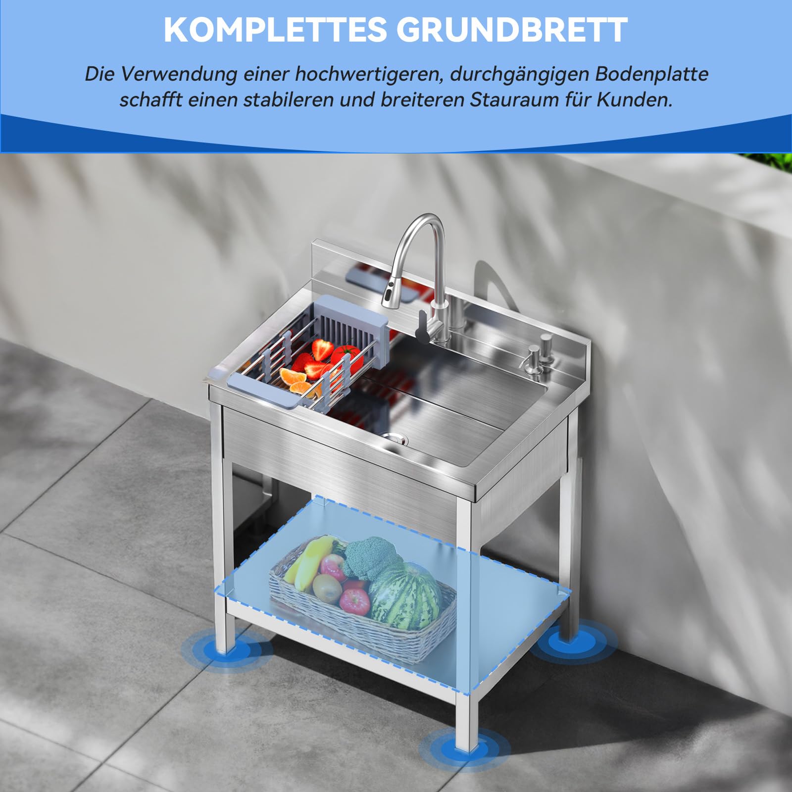 RiveraSink Spültisch Edelstahl Freistehend 70×50×80 cm, 1 Becken mit ausziehbarem Wasserhahn & Spritzschutz – Gastro Spüle mit Ablaufset und Ablagekorb für Küche, Garten & Außenbereich