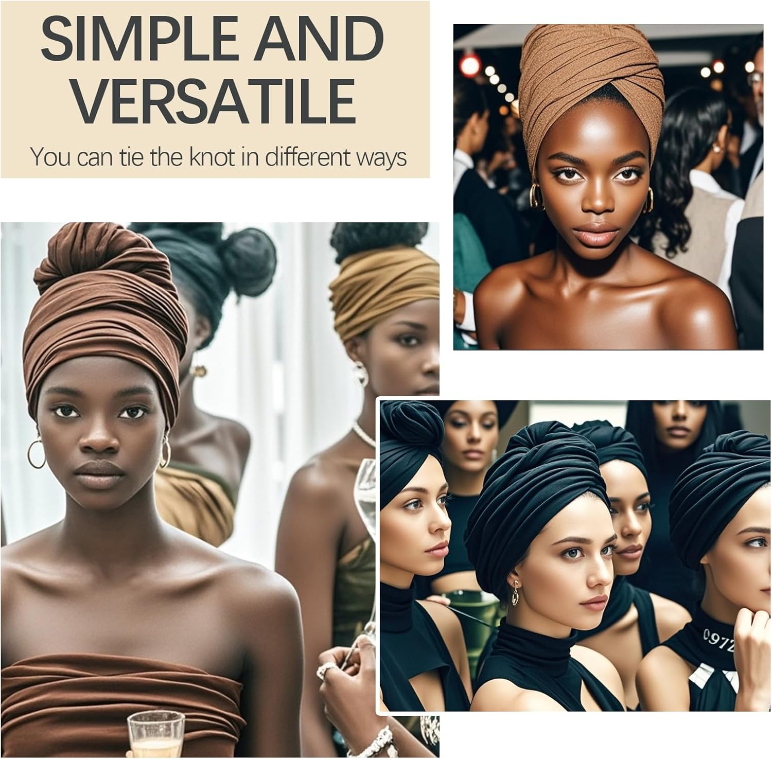 5PS Stretch African Head Wraps for Five-color set Women - Long Jersey Turban Headwraps, Head Scarf, Headbands (Black, brown, brown, green, yellow) - Image 7