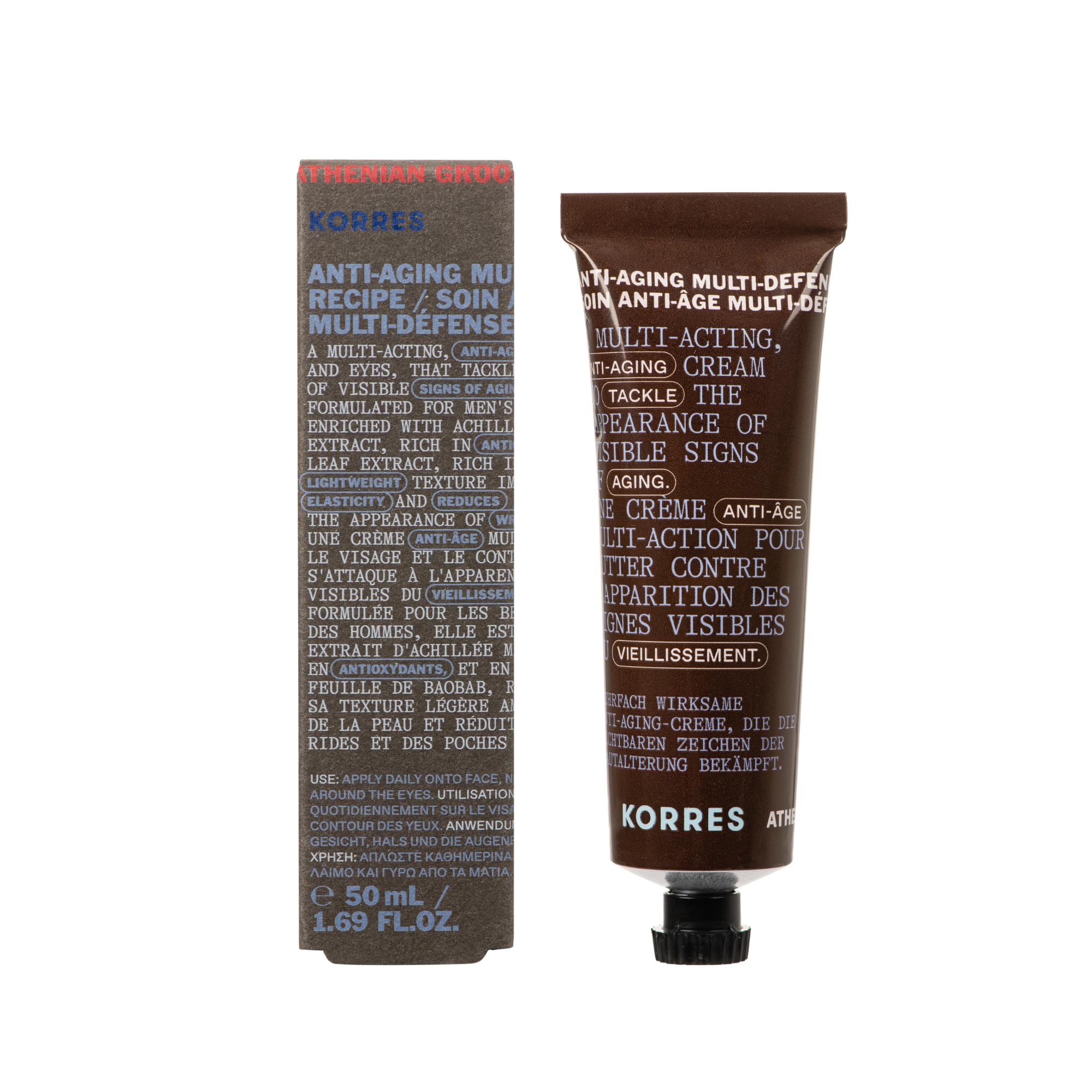 KORRES Athenian Grooming krem przeciwstarzeniowy do twarzy i oczu, redukuje drobne linie + zmarszczki, zmniejsza cienie pod oczami + opuchlizny, poprawia elastyczność skóry, ujędrnia, wegański, 50 ml