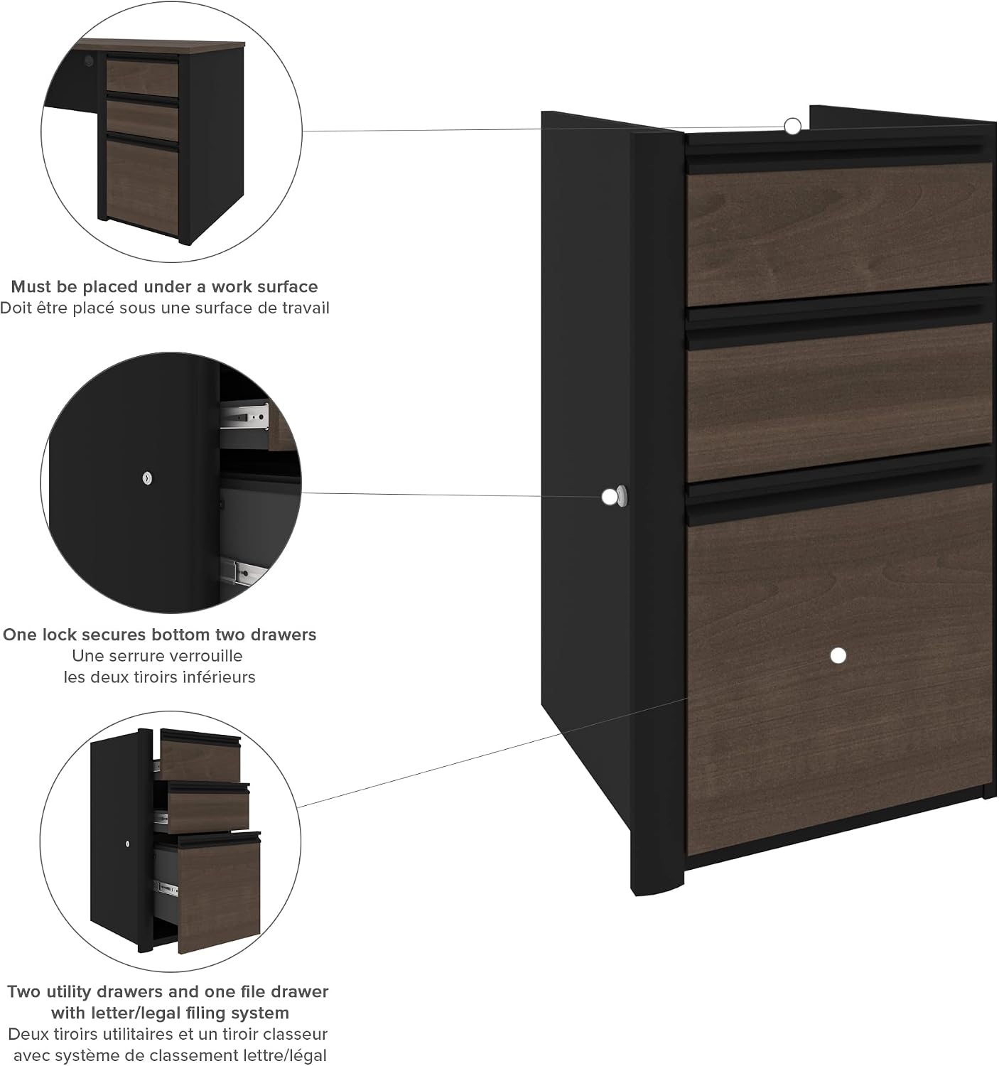 Bestar Connexion 72W L-Shaped Standing Desk with Pedestal and Hutch in Antigua & Black