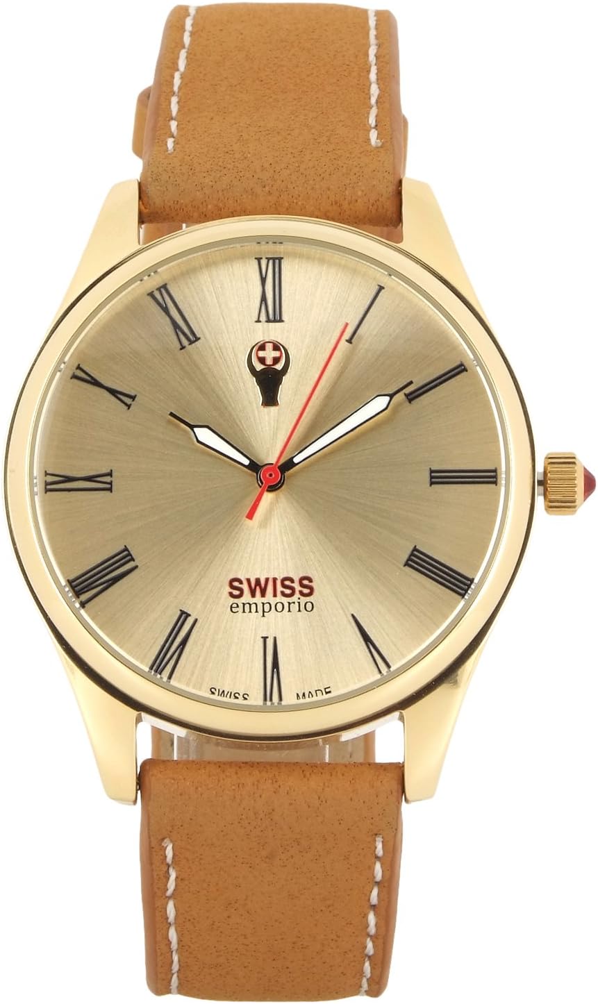 Swiss Emporio Men's Quartz Swiss Made Watch with Gold Dial Analogue Display and Brown Leather Strap SE02GLGL10