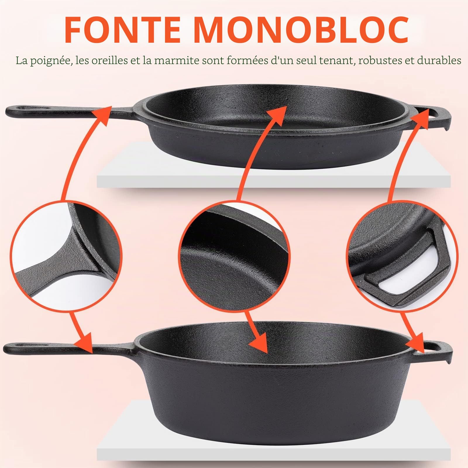 Overmont Dutch Oven Pot en Fonte Prêt à l'emploi Couvercle/Poêle à Double Fonction avec Recette E-book pour Cuisine Camping Garden BBQ (26x8cm - Long Manche) Modèle : OV009