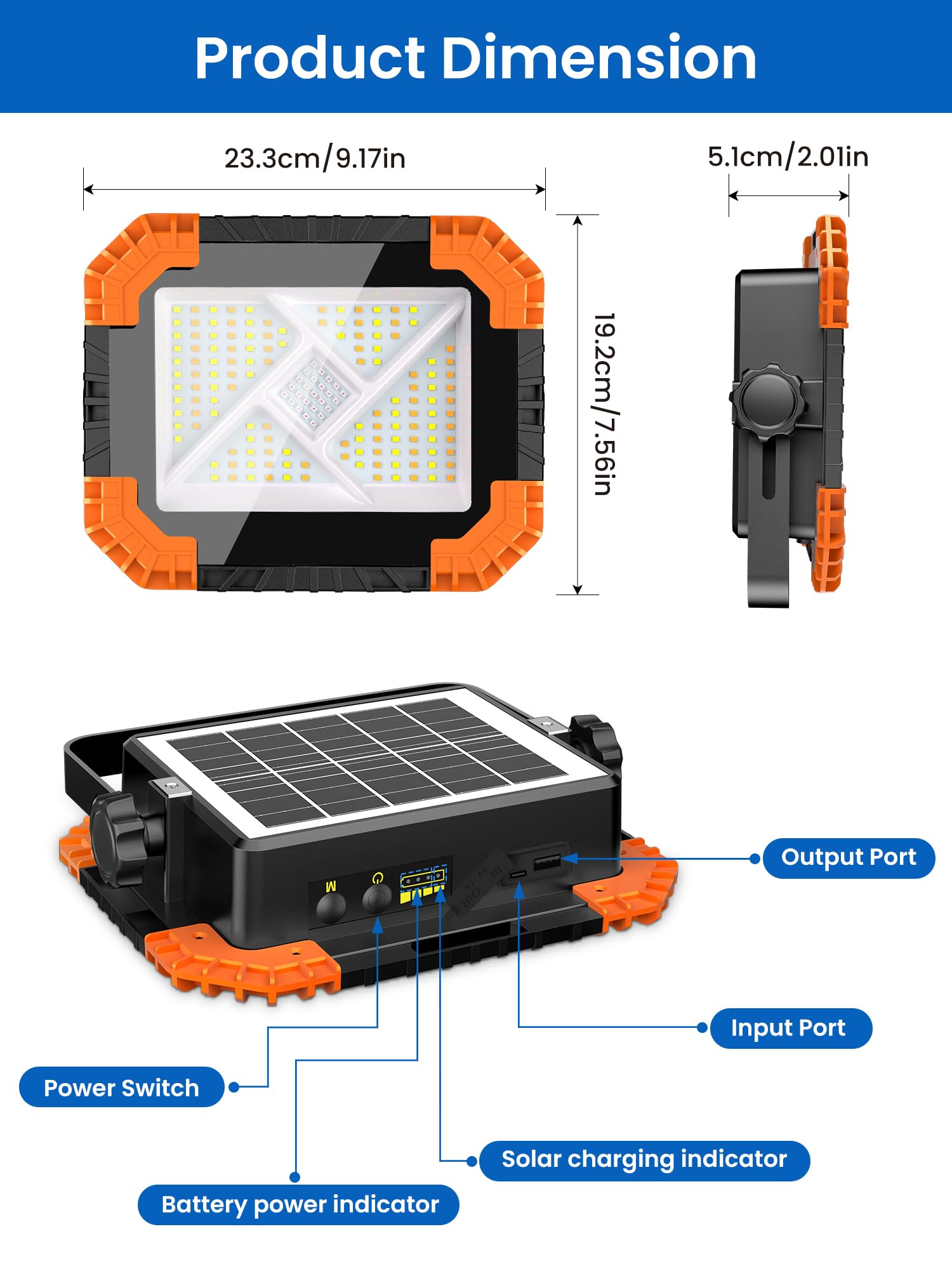 LINKE Foco LED Recargable Solar 2000 Lúmenes 20000mAh, 3 Temperaturas (2700K/4000K/6500K) + SOS, Carga Solar/USB-C, Power Bank IP66, 2 Imanes Potentes, 25h Duración para Taller/Camping/Emergencias