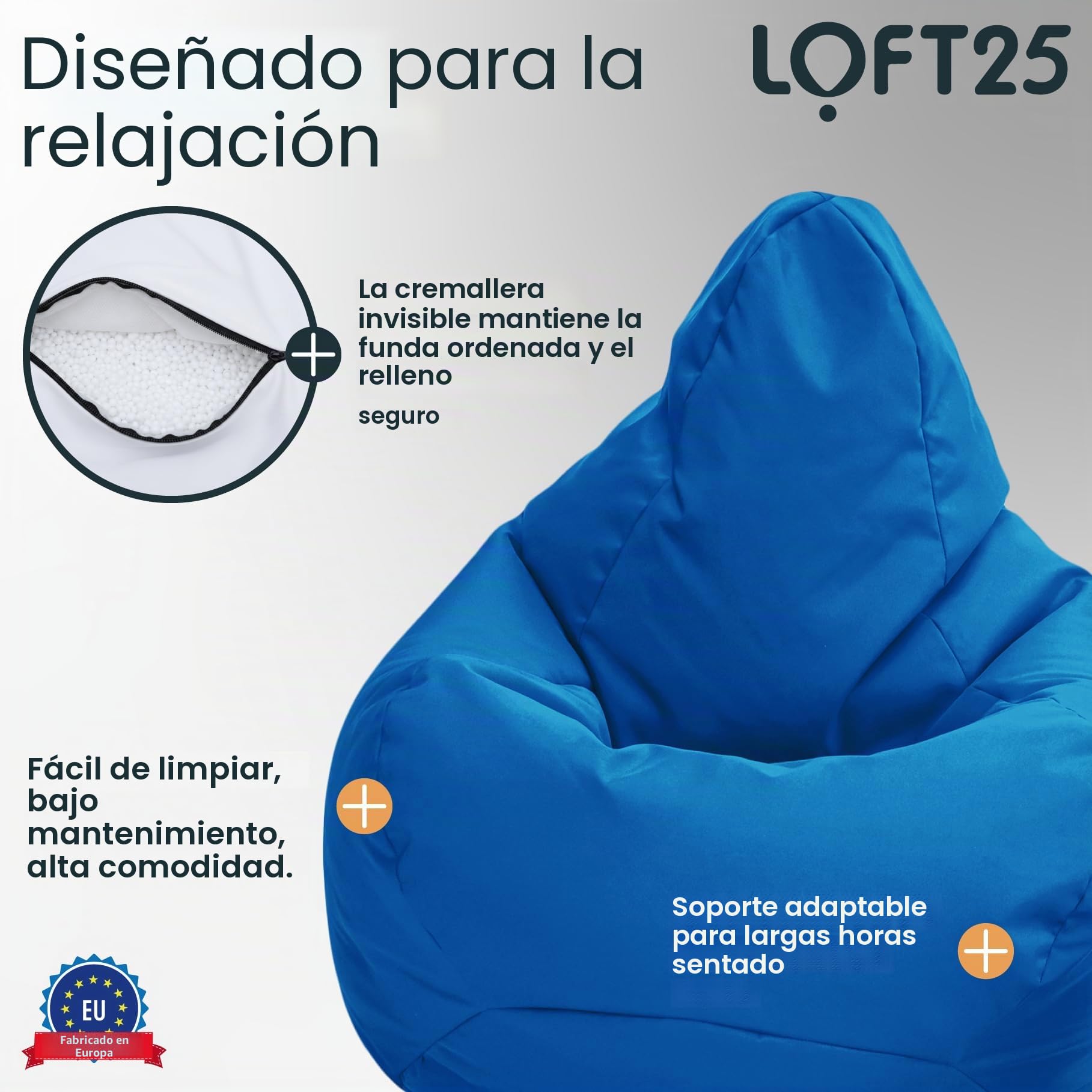 Loft 25 Puff Pera Gamer | Silla Puff Pera para Exteriores Interiores Sala | Resistente Al Agua | Limpieza Fácil | Diseño Ergonómico para Soporte del Cuerpo | Durable Y Cómoda (Marroquí Azul, Puff)