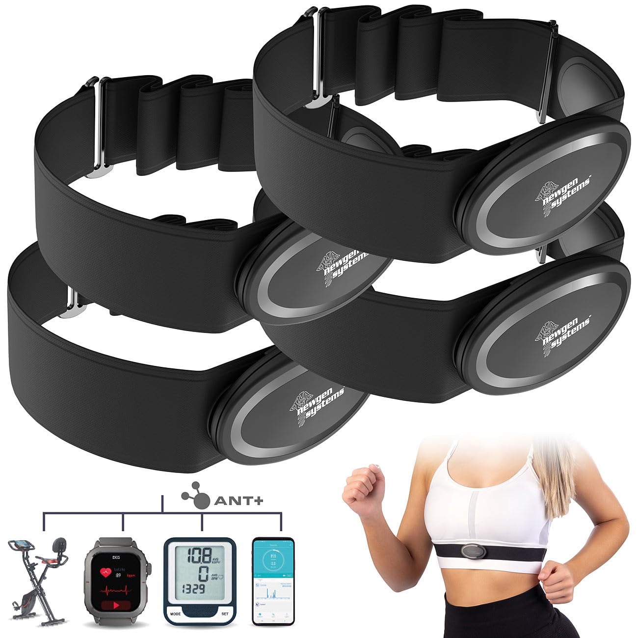 Newgen Medicals Pulsmessergurt: 4er Smarter Brustgurt mit Herzfrequenz-Sensor, ANT+ und Bluetooth (Herzfrequenzsensor, Bluetooth, Herzfrequenzmesser-Brustband)