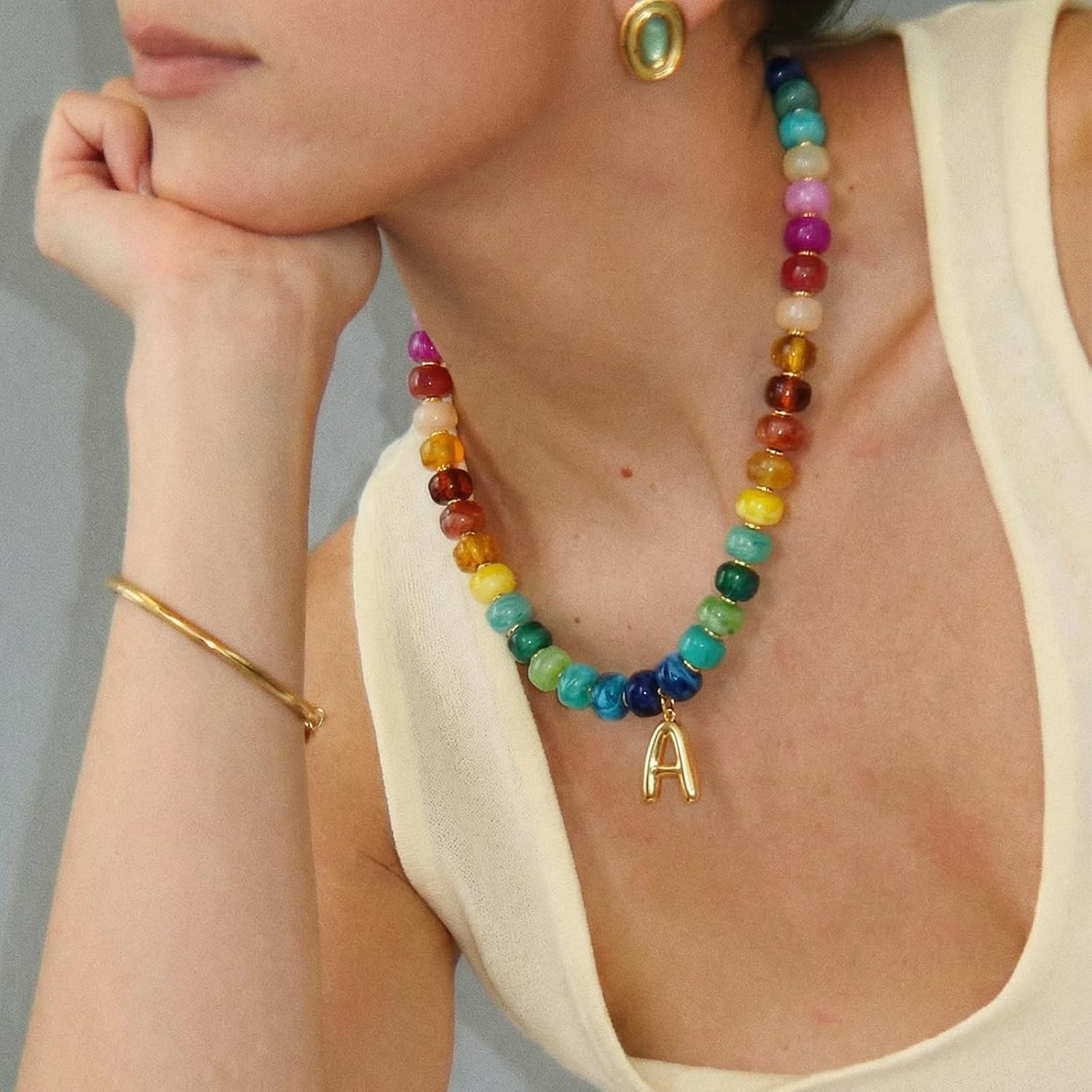 Initial Necklace for Women-Dainty 14K Gold Plated Bubble Letter Pendant Necklace Chunky Colorful Beaded Necklace with Boho Summer Beach Necklace for Her Jewelry Gifts