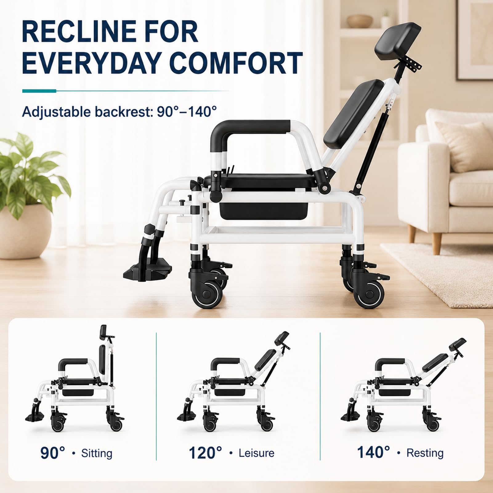 Silla De Baño con Ruedas, Silla Inodoro 4 En 1 Reclinable para Ancianos