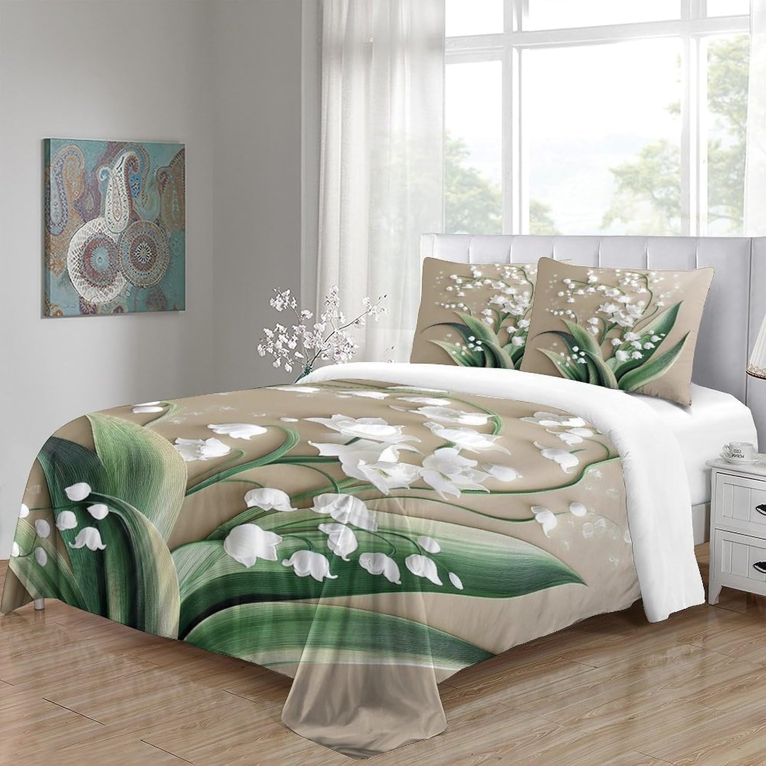 Funda Nordica Cama 135/150 Fleurs de Los Valles Ropa de Cama 3D Plantas Verdes 3 Piezas Suave Transpirable Microfibra Funda Nórdica 240x220 cm y 2 Fundas de Almohada 50x75 cm C.2429