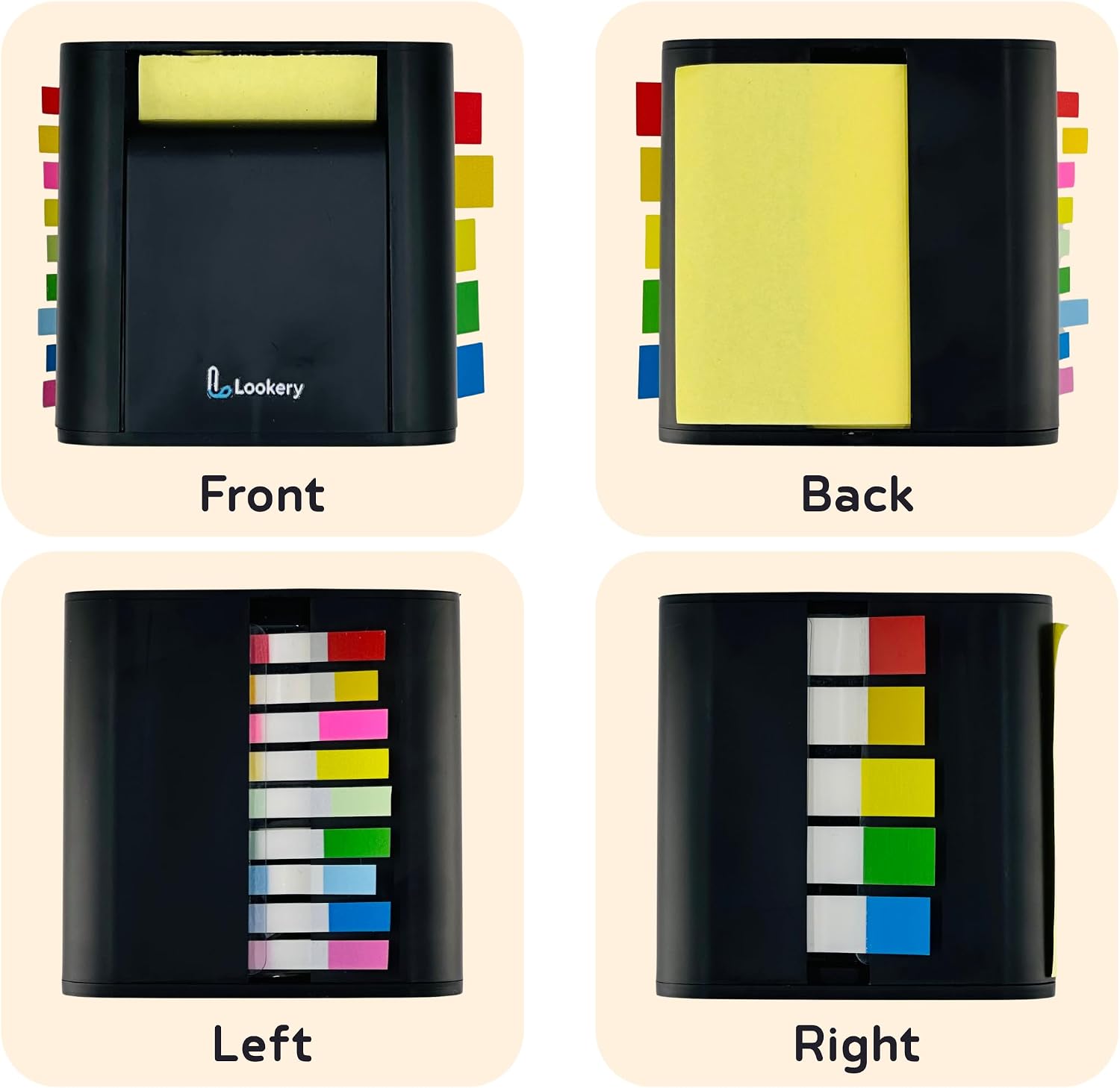 5-in-1 Memo Cube with Sticky Notes, Memo Roll, Color Index Tabs, and Paper Clips for Daily Office School Use. Compatible with Similar Size Refillment on the Market, 3.35x3.35x3.35In (Black) image 3