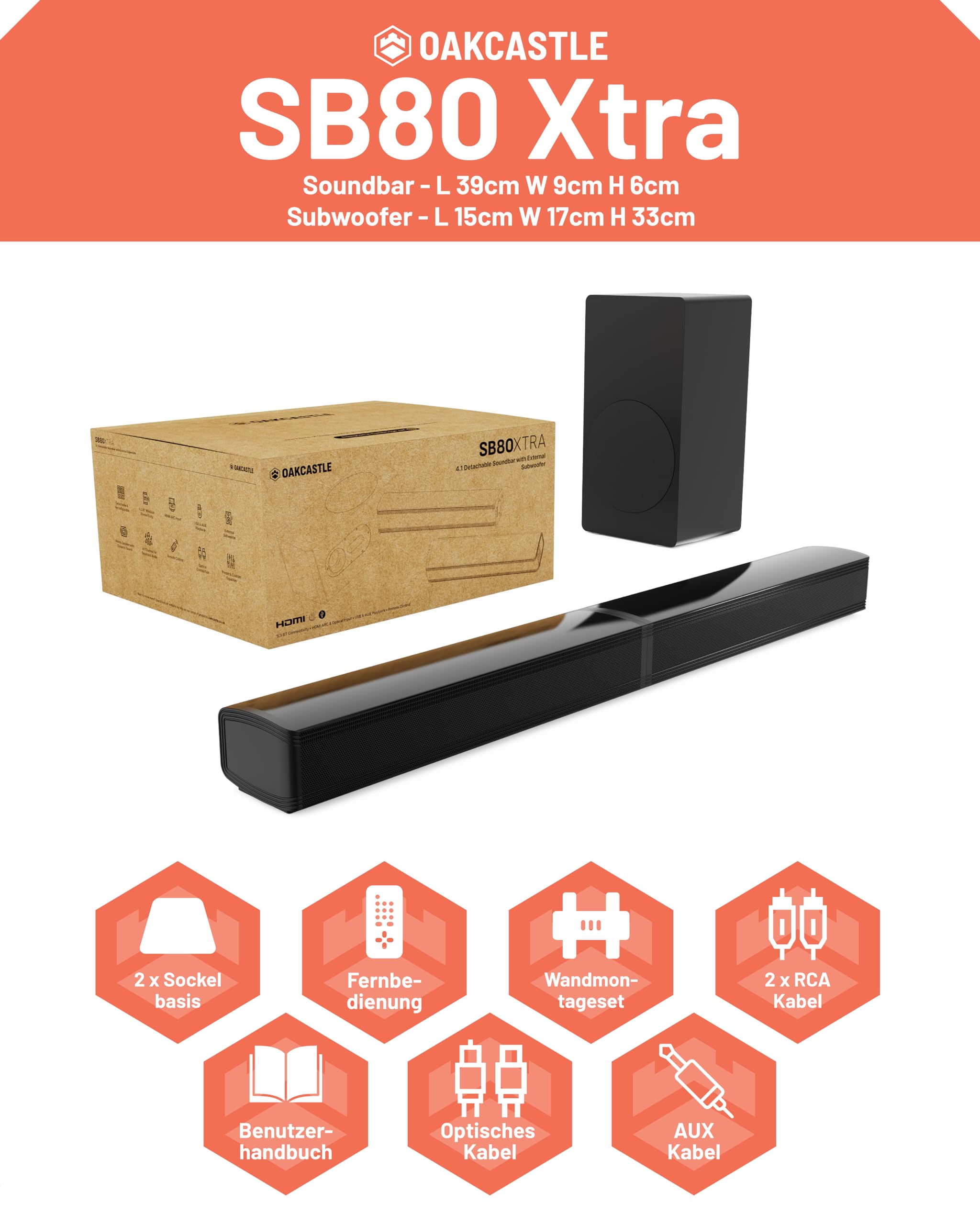 Oakcastle SB80 Xtra Soundbar für TV Geräte, 2-in-1-Abnehmbare Soundbar | 200W 2.1 Soundbar mit Subwoofer, Heimkino Soundsystem, HDMI ARC, Bluetooth 5.3, Inklusive Wandmontage-Set & Fernbedienung