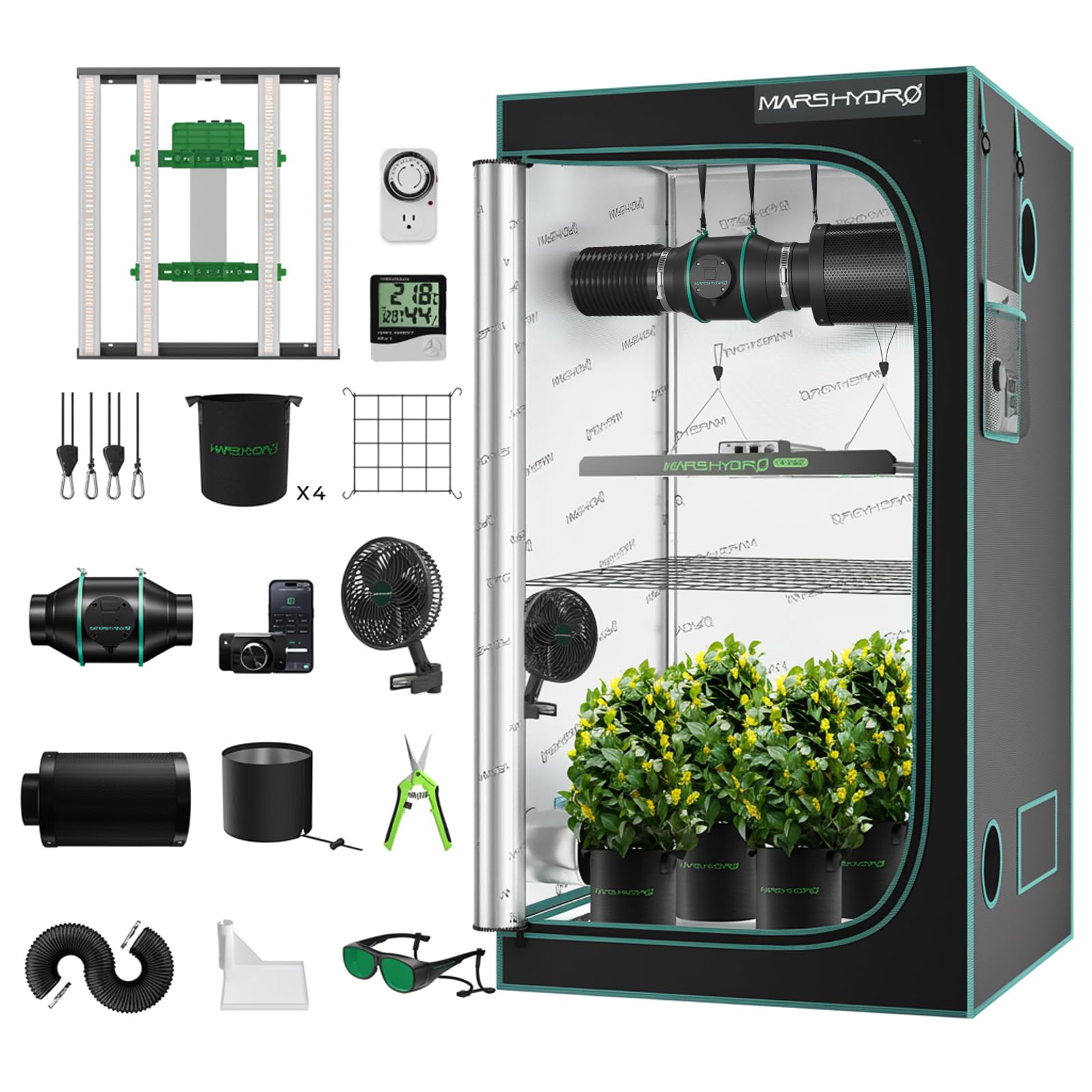 Mars Hydro Smart Growzelt Komplettset,E3000 App Fernbedienung Dimmbar Light,100X100X180cm 1680D Hohe Reflektivität Mylar Grow Box Komplettset,4" intelligente App-Steuerung Belüftungssat