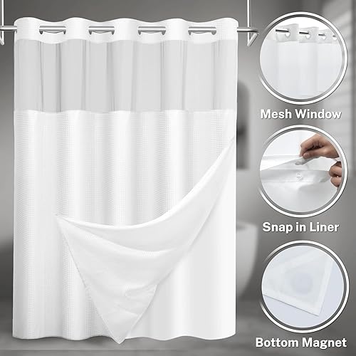 Miniatura 3 de Cortina de ducha sin gancho con forro a presión, cortina de ducha de gofre para baño, tela estilo hotel, forro interior impermeable, 71 pulgadas de