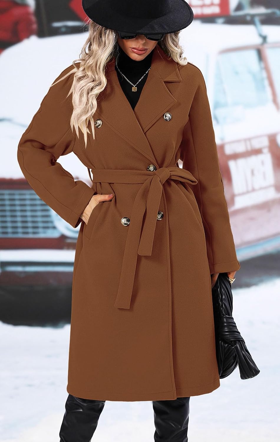 SAUKOLE Women's Trendy Lapel Collar Double Breasted Wool Blend Coats Winter Pea Overcoat Pocketed Outwear with Belt - Image 2