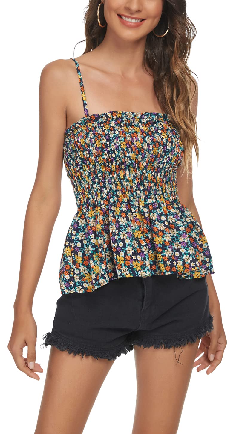 Tribear Women's Casual Frill Smocked Cami Tank Tops Floral Shoulder Strap Vest