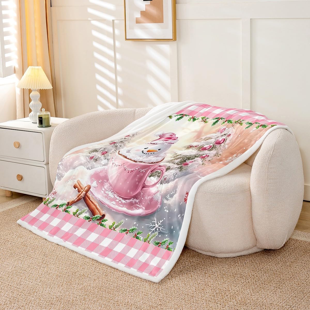 Pink Christmas Kids Flannel Blanket,Cute Snowman Pine Coffee Cup Print Fuzzy Blanket for Children,Lovely Grid Checkered Winter Leaves Polyester Throw Blanket for Couch, Twin Size (60 x 80 Inch)