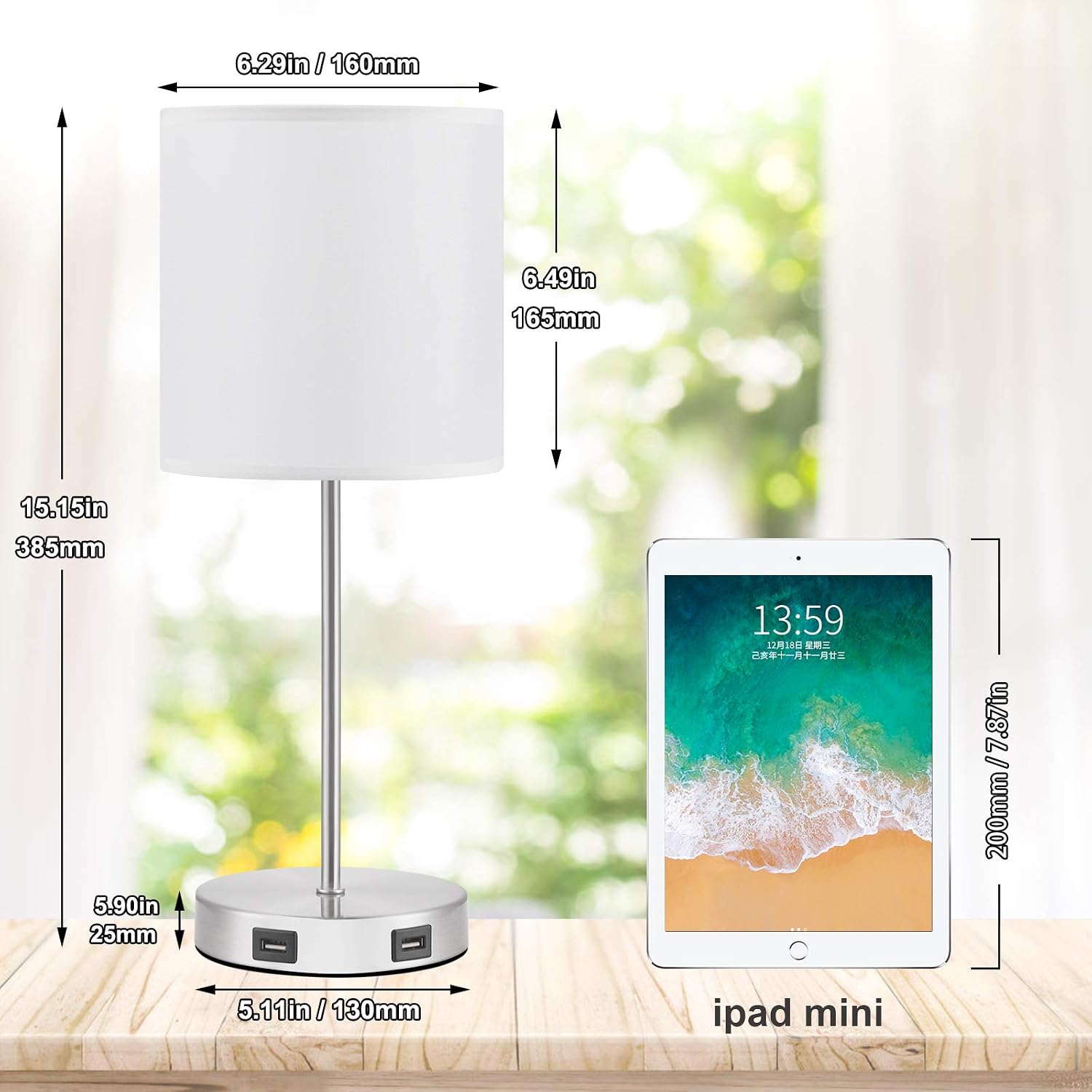 Ambimall Touch Control Table Lamp, 3 Way Dimmable Small White Lamp with 2 USB Charging Ports, Bedroom Lamp for Nightstand, Bedroom, Living Room, Dining Room,Coffee Table (LED Bulb Included)