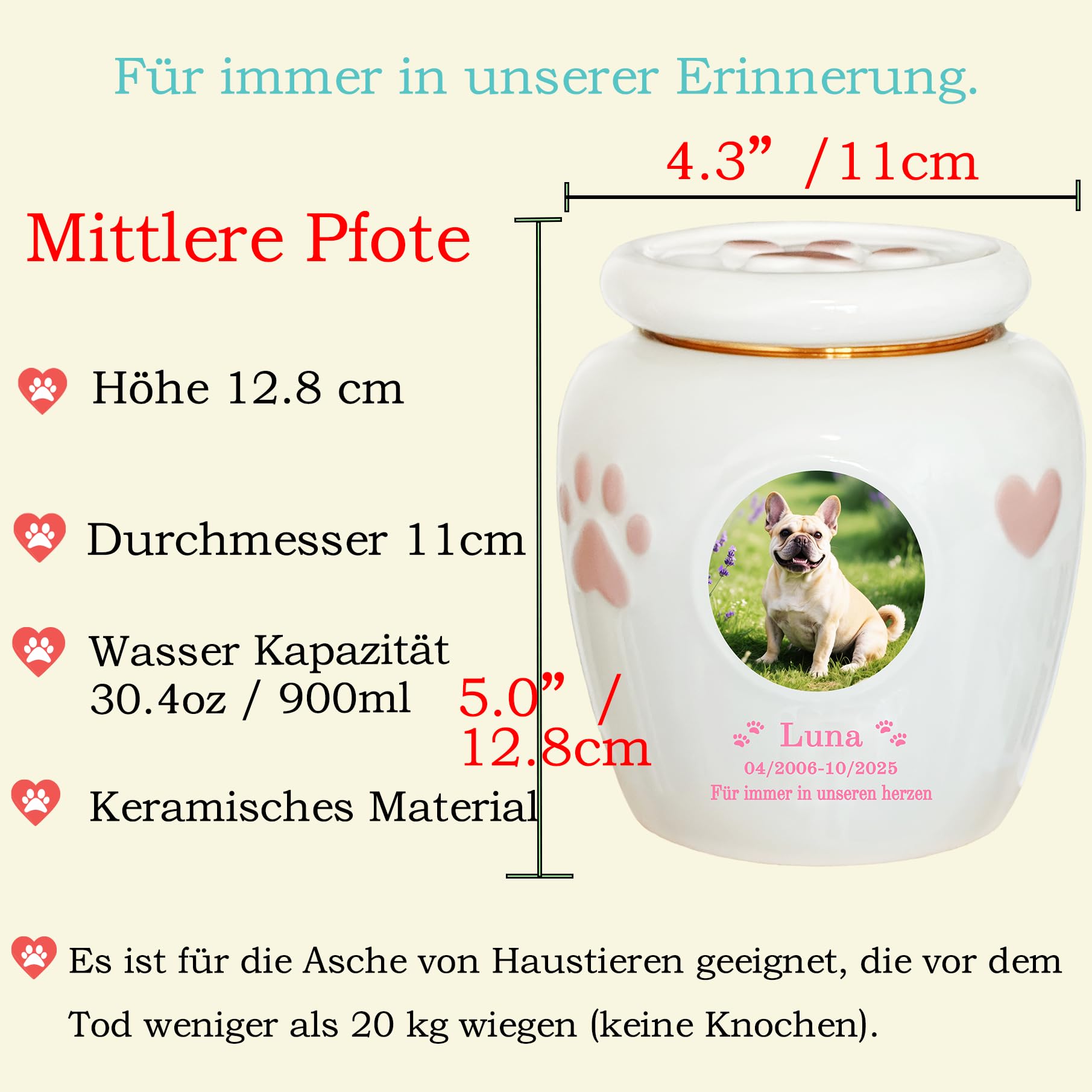 Keramik Haustierurne für Hunde Katzen Vogel Kaninchen Asche bis 20KG