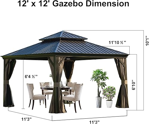Miniatura 8 de Domi - Cenador permanente de aluminio para exteriores de 12 x 12 pies con techo de acero galvanizado, cortinas y red, para patios, patio trasero,