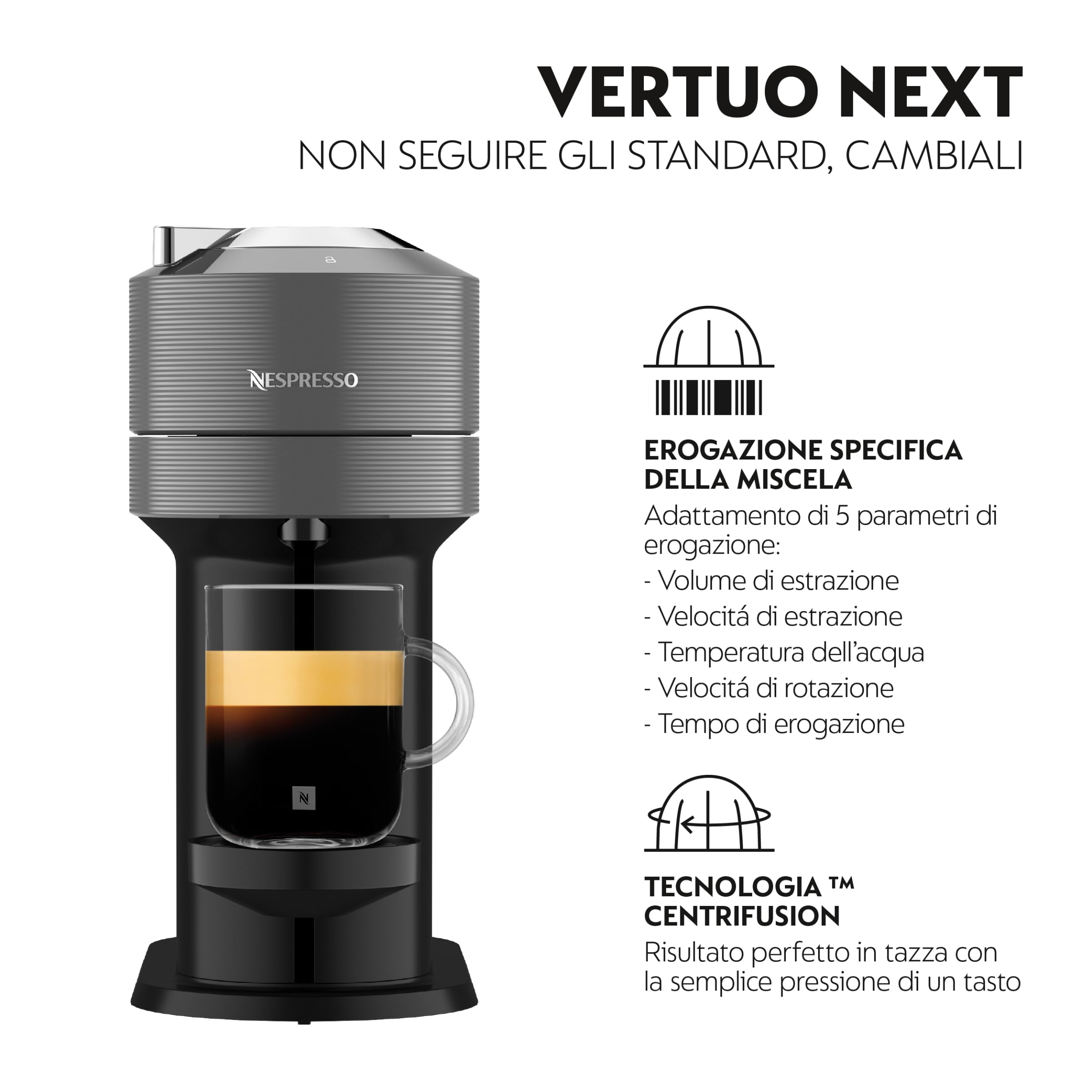 Nespresso Vertuo Next ENV120.GY Macchina del Caffè compatibile con le NUOVE CAPSULE NESPRESSO con Tecnologia Centrifusion, Serbatoio acqua 1L, Grigio
