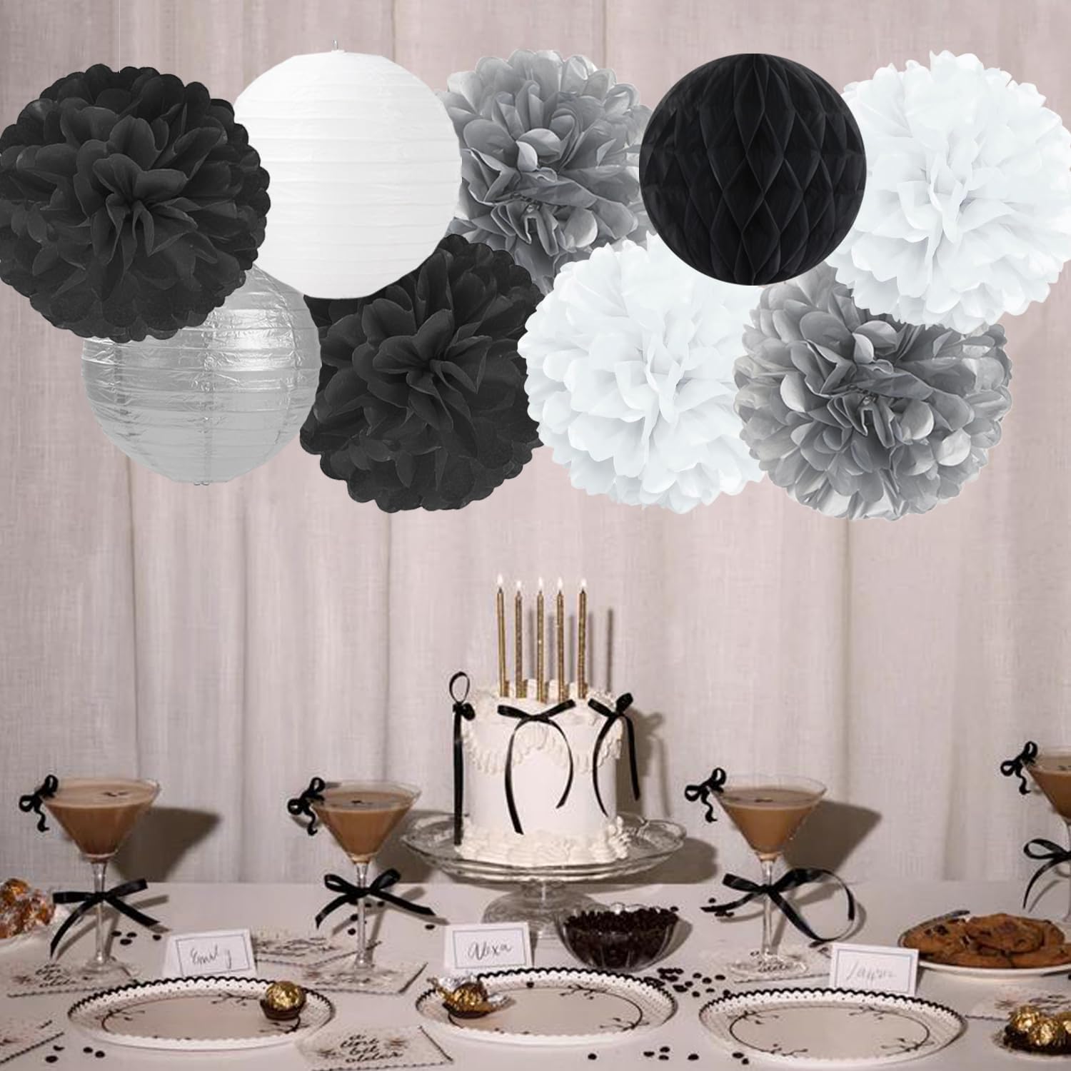Black White Silver Party Decorations 15pcs Paper Flowers Lanterns Tissue Pom Poms Honeycomb Graduation Birthday Wedding Bachelorette New Years Baby Shower Engagement Hanging Supplies Mprocherify