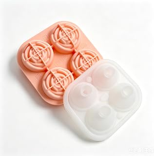Rose Flower Ice Ball Maker 4-Cavity Silicone Ice Tray with Lid Pink | BPA-free stackable dishwasher safe rose ice mold. Perfect large slow-melting spheres for whiskey, bourbon & cocktails