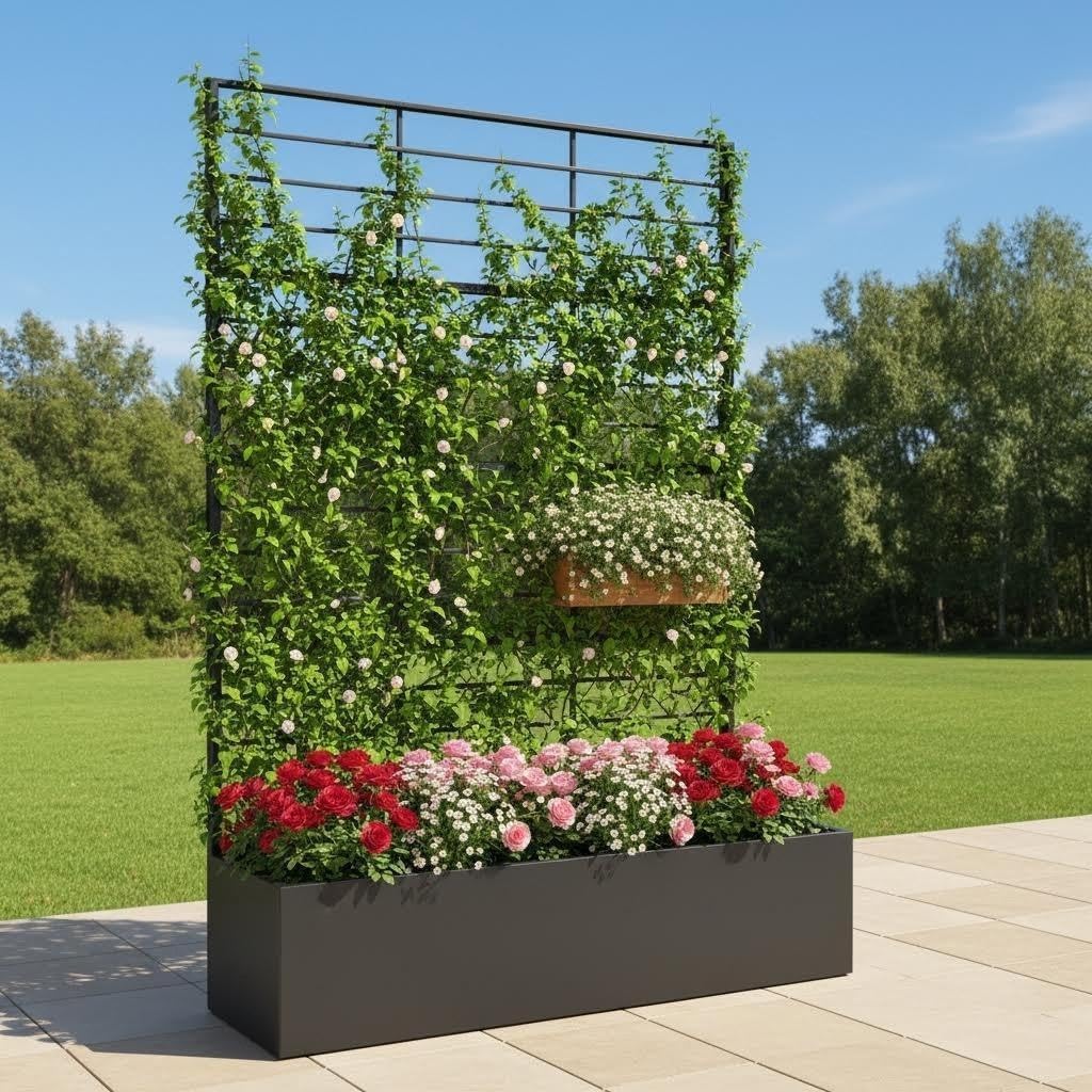 Metal Planter Box Trellis Outdoor, 47 x15.7 x70.8 Inch Metal Raised Garden Bed with Trellis and Drainage Holes for Climbing Plant,Vegetable,and Vines, Privacy Planter for Patio, Black