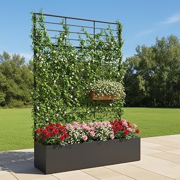 Metal Planter Box Trellis Outdoor, 47 x15.7 x70.8 Inch Metal Raised Garden Bed with Trellis and Drainage Holes for Climbing Plant,Vegetable,and Vines, Privacy Planter for Patio, Black