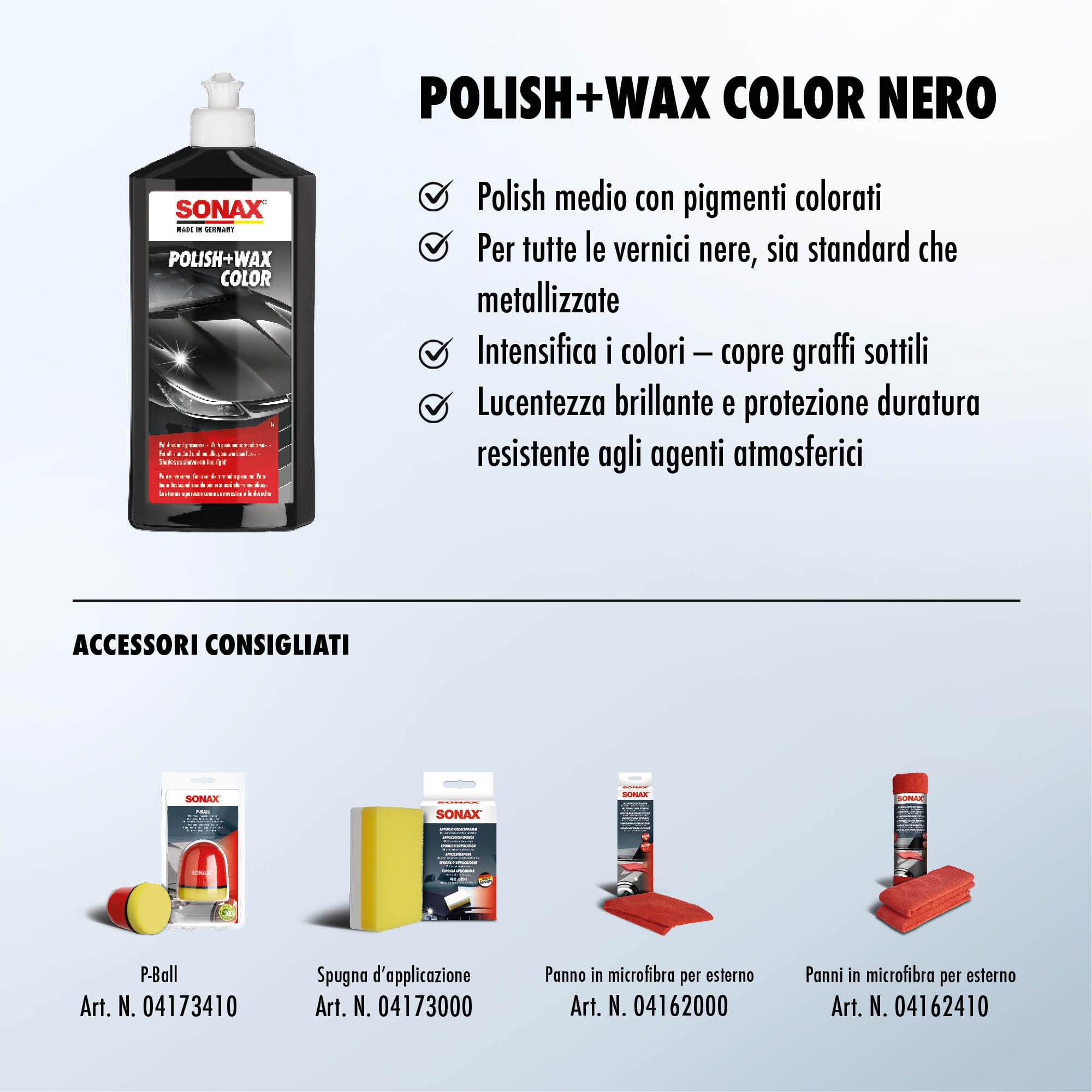SONAX Polish+Wax Color black (500 ml) polish con pigmenti colorati e componenti in cera | Art. N. 02961000-820