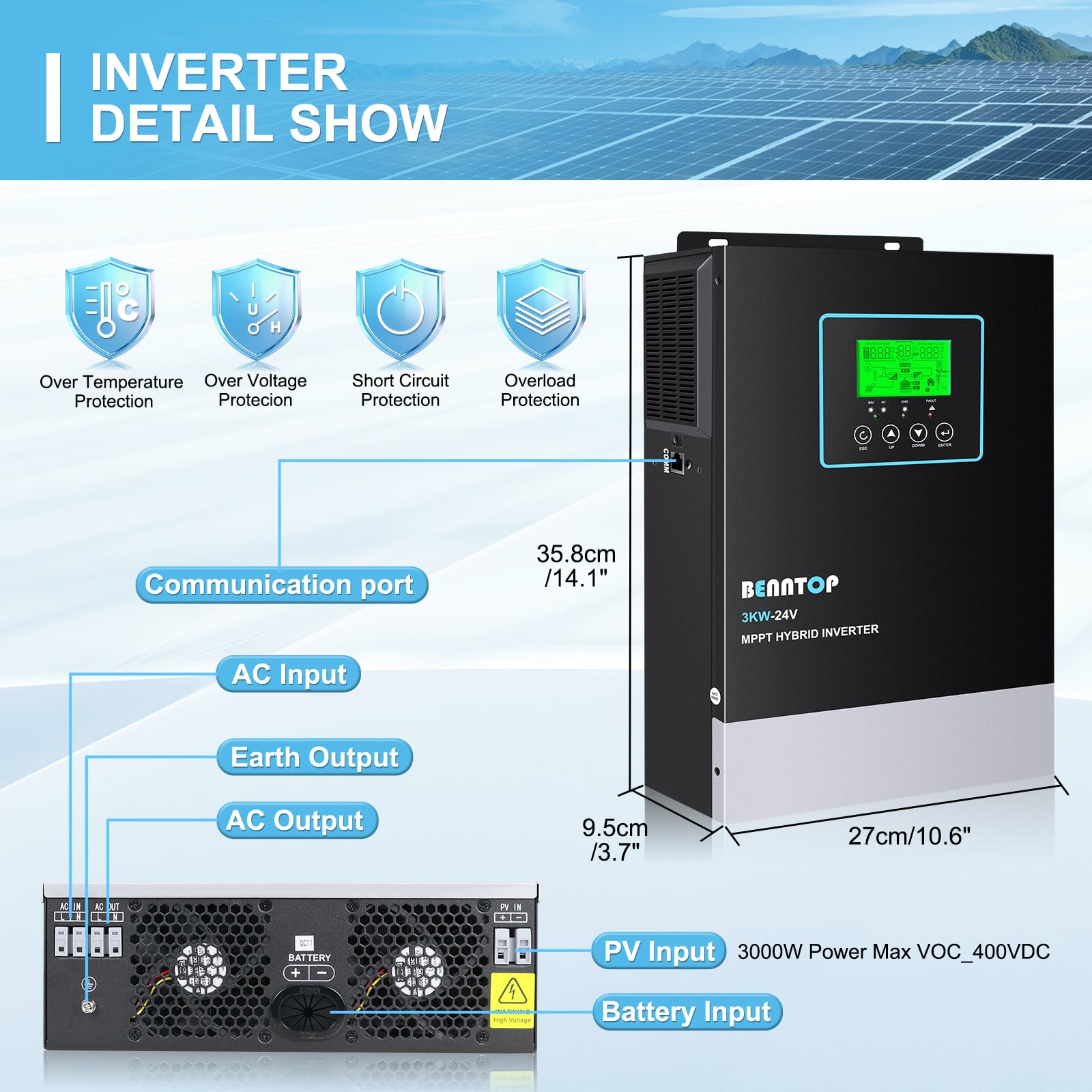3000W Hybrid Solarwechselrichter Off Grid 24V DC zu 230V AC Wechselrichter Reiner Sinus mit 80A MPPT,Max. PV-Eingang 400V für Blei-Säure und Lithium Batterien