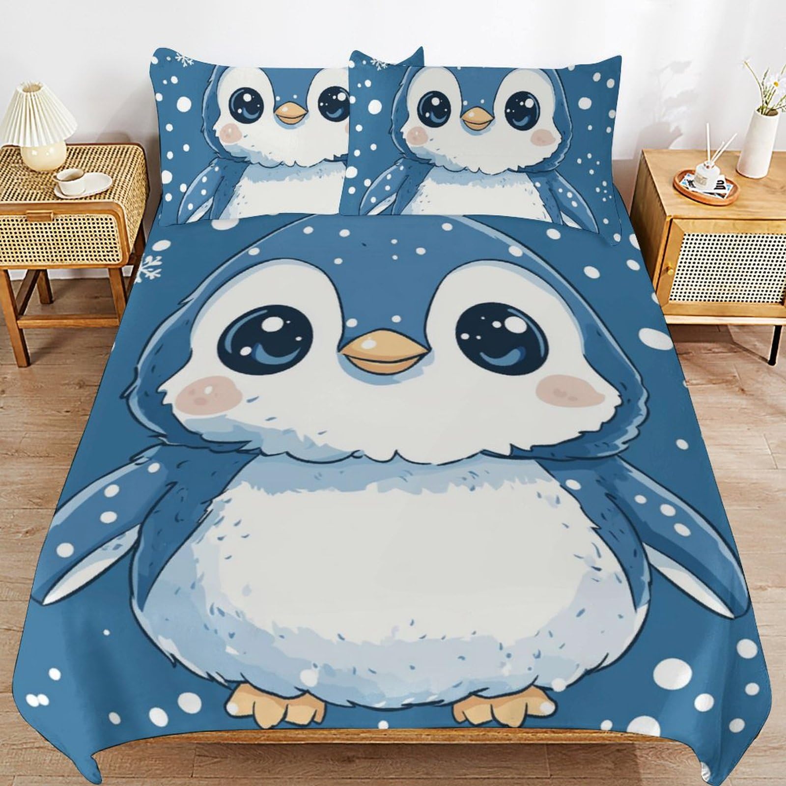 Juego de ropa de cama de pingüino con cremallera práctica y fundas de almohada de tacto suave