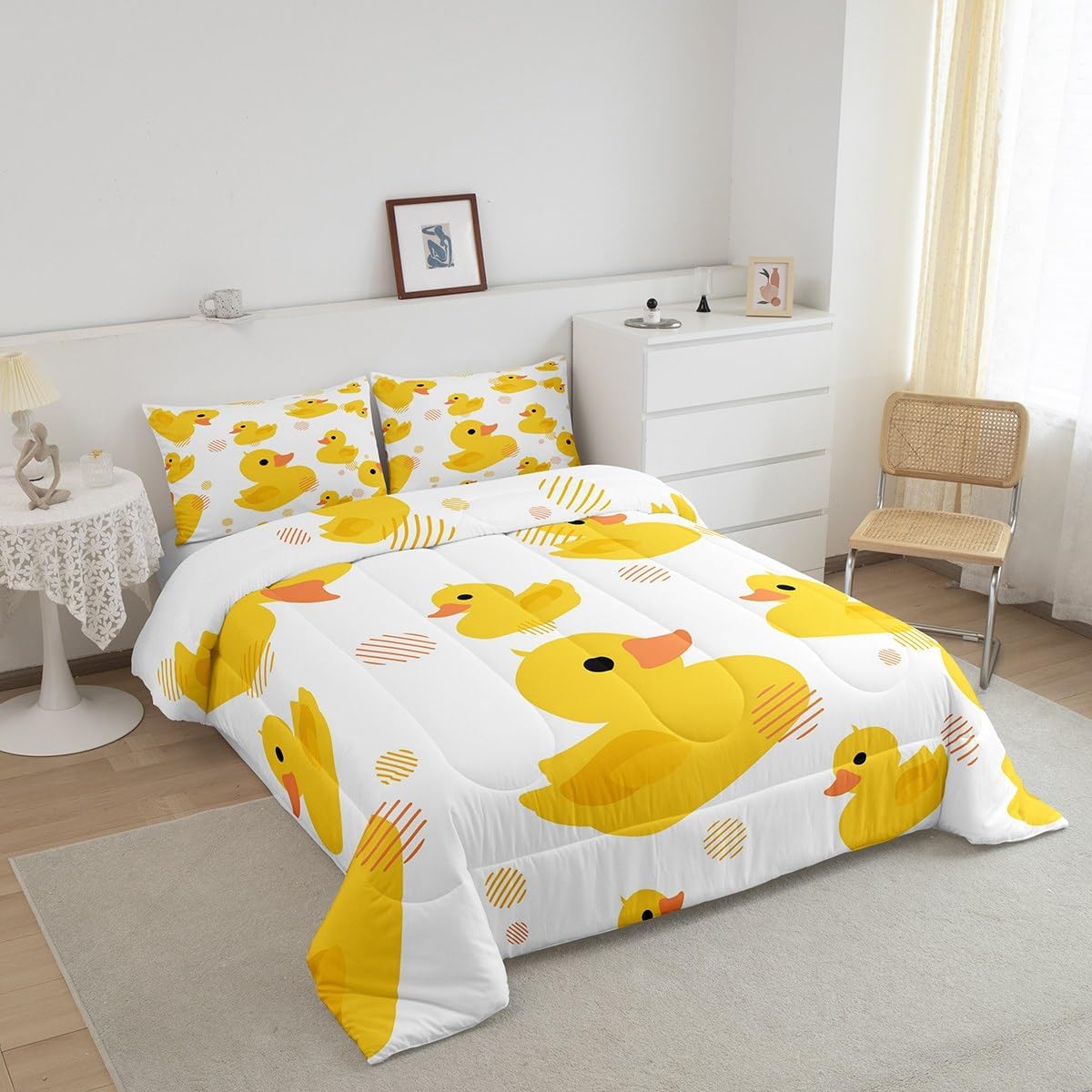 Erosebridal Cartoon Duck Comforter Set - Cute Hand Drawn Duck Duvet Insert Twin, Lovely Farmhouse Animal Quilt Comforter with 1 Pillowcase
