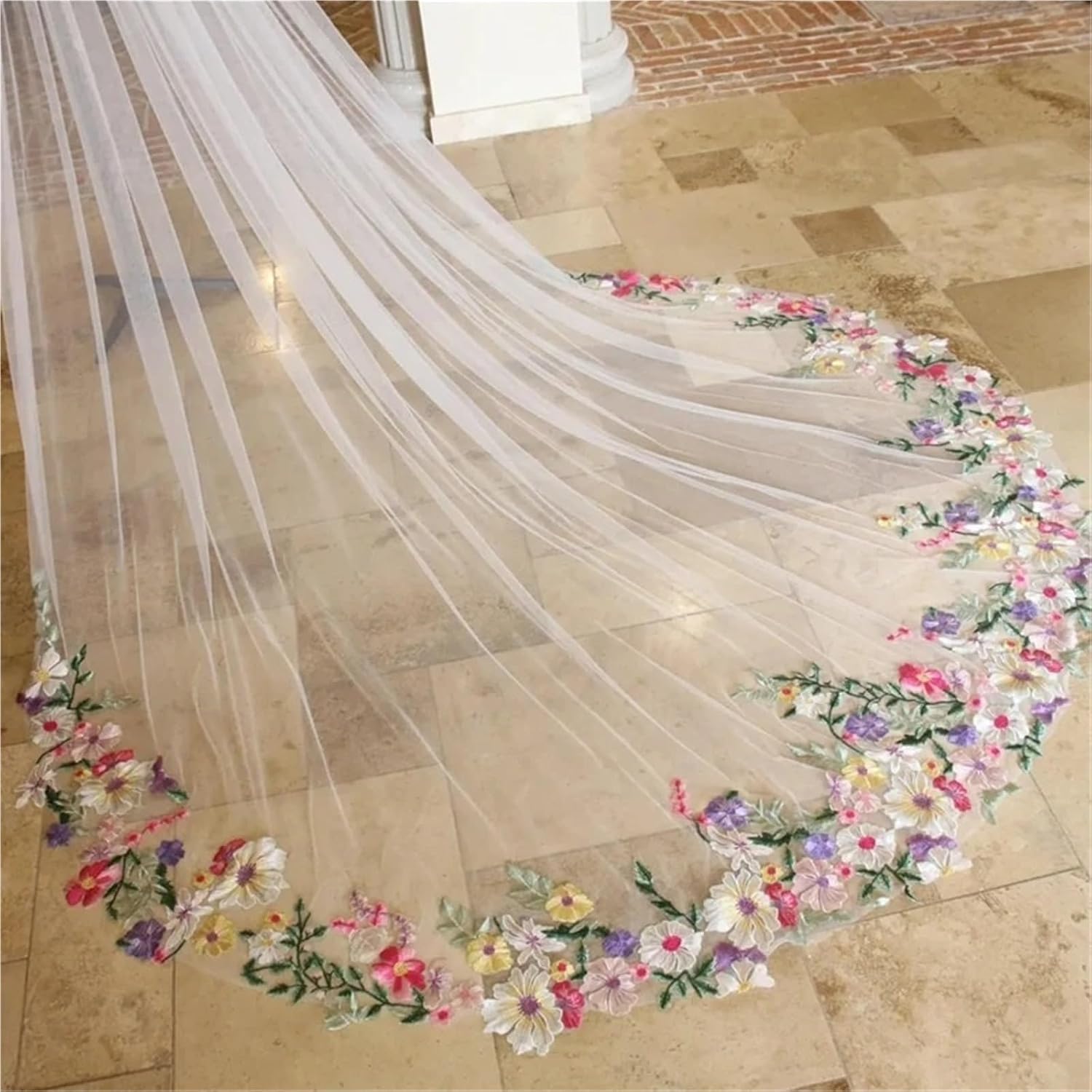 3D Floral Cathedral Wedding Bridal Veils With Comb Long Accessories Brides Purple