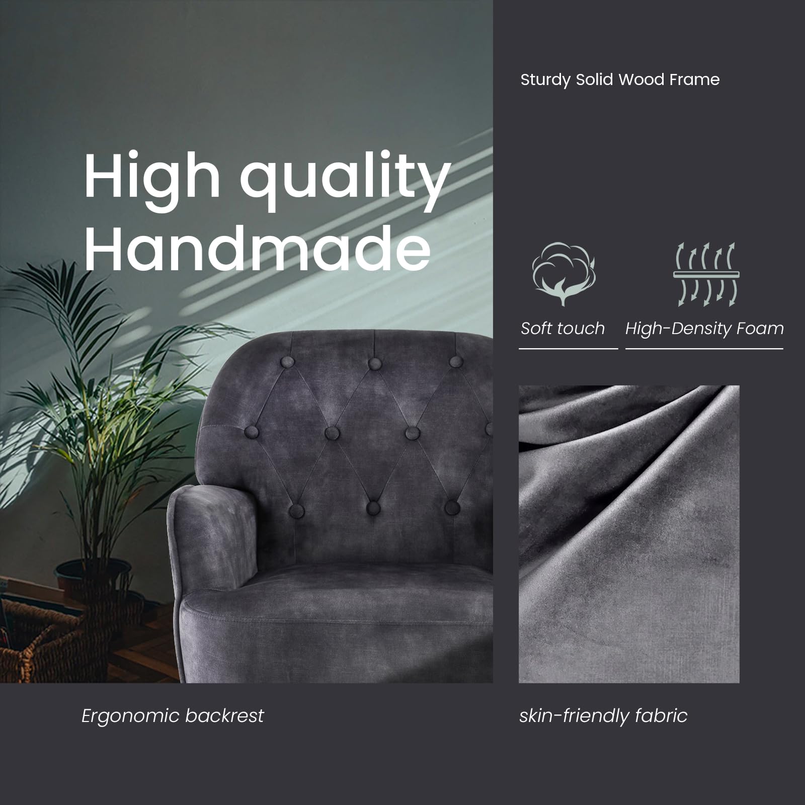 IWMH Sessel Wohnzimmer Schlafzimmer, Lazy Lounge Cocktailsessel Bequemer mit Armlehnen und Einer Seitentasche, Samt Modern dreh Polster Lesesessel mit Metallbeinen (Grau)