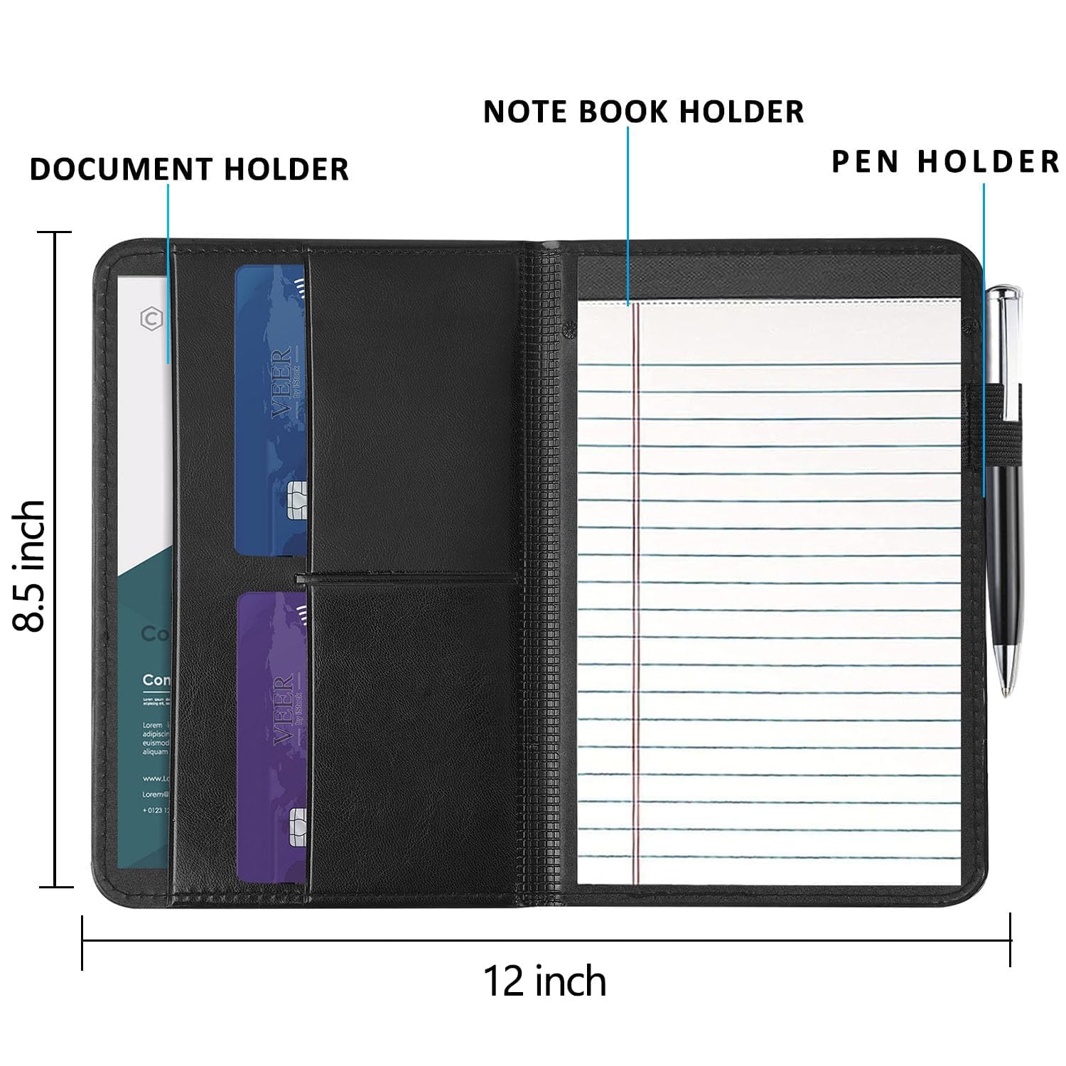Carpeta para padfolio/portafolio, mini carpeta de 5 x 8 pulgadas, bloc de escritura legal, carpeta organizadora de documentos A5 para hombres y mujeres, color negro.