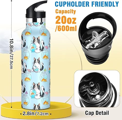 Miniatura 2 de Kids Water Bottle with Straw for School 20 Oz Water Bottle Insulated for Boys Girls, BPA-Free, Cute Cats Goldfish Light Blue
