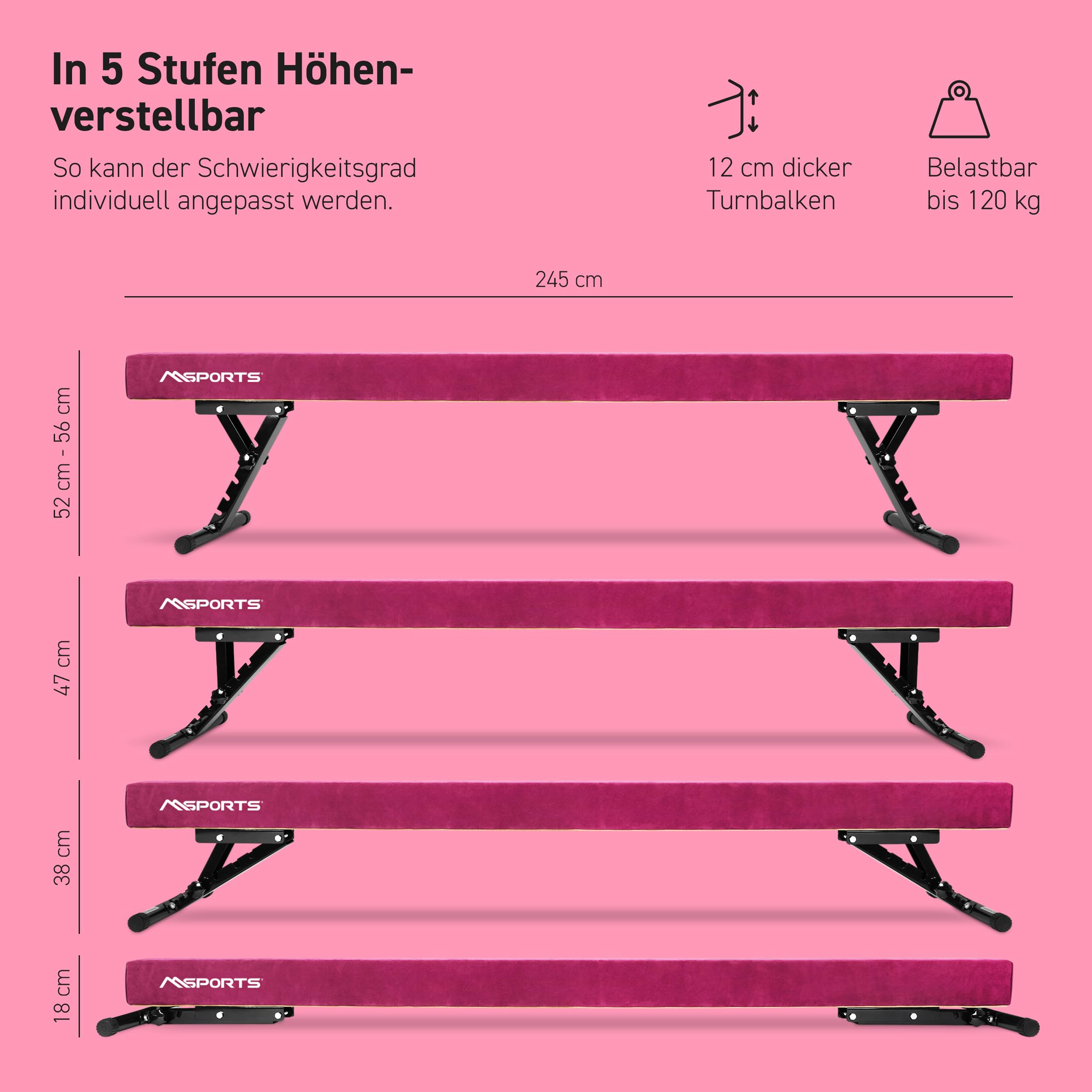 MSPORTS Barra de equilibrio de alta calidad con altura ajustable, 245 cm para niños y adultos, 5 niveles de altura regulable (18 – 56 cm), para casa o club, 5 colores
