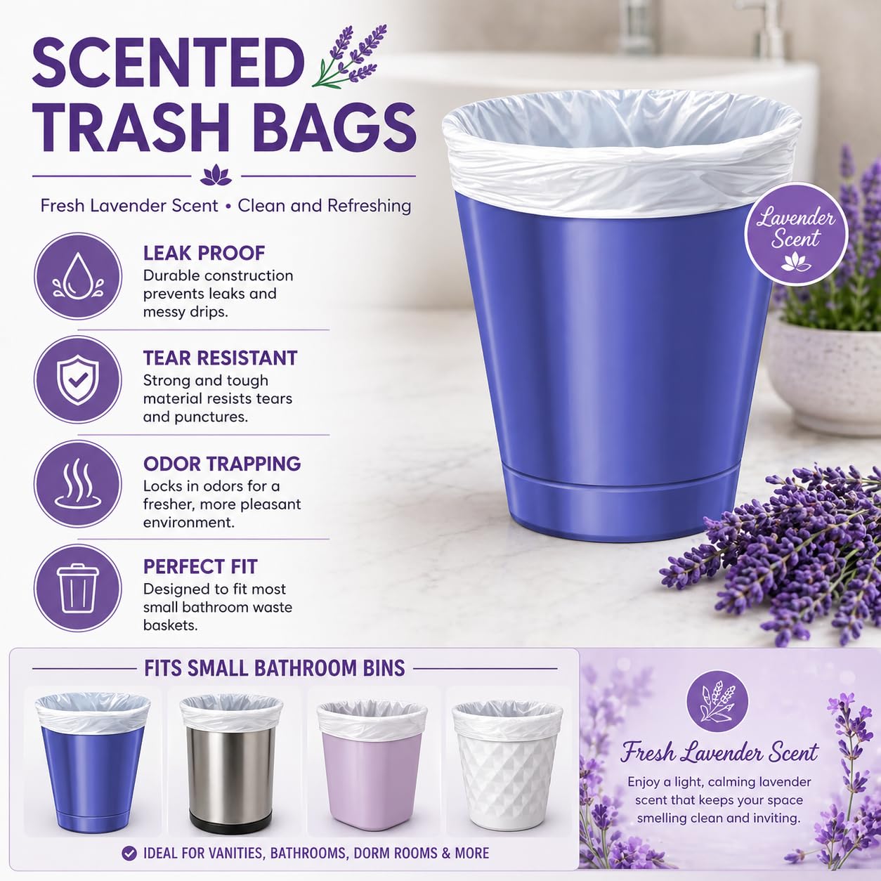 Sacchetti per la spazzatura profumati alla lavanda da 2,6 galloni (200 conteggi) bianchi piccoli sacchetti per la spazzatura del bagno, sacchetti per bidoni per casa, ufficio, 200 sacchetti