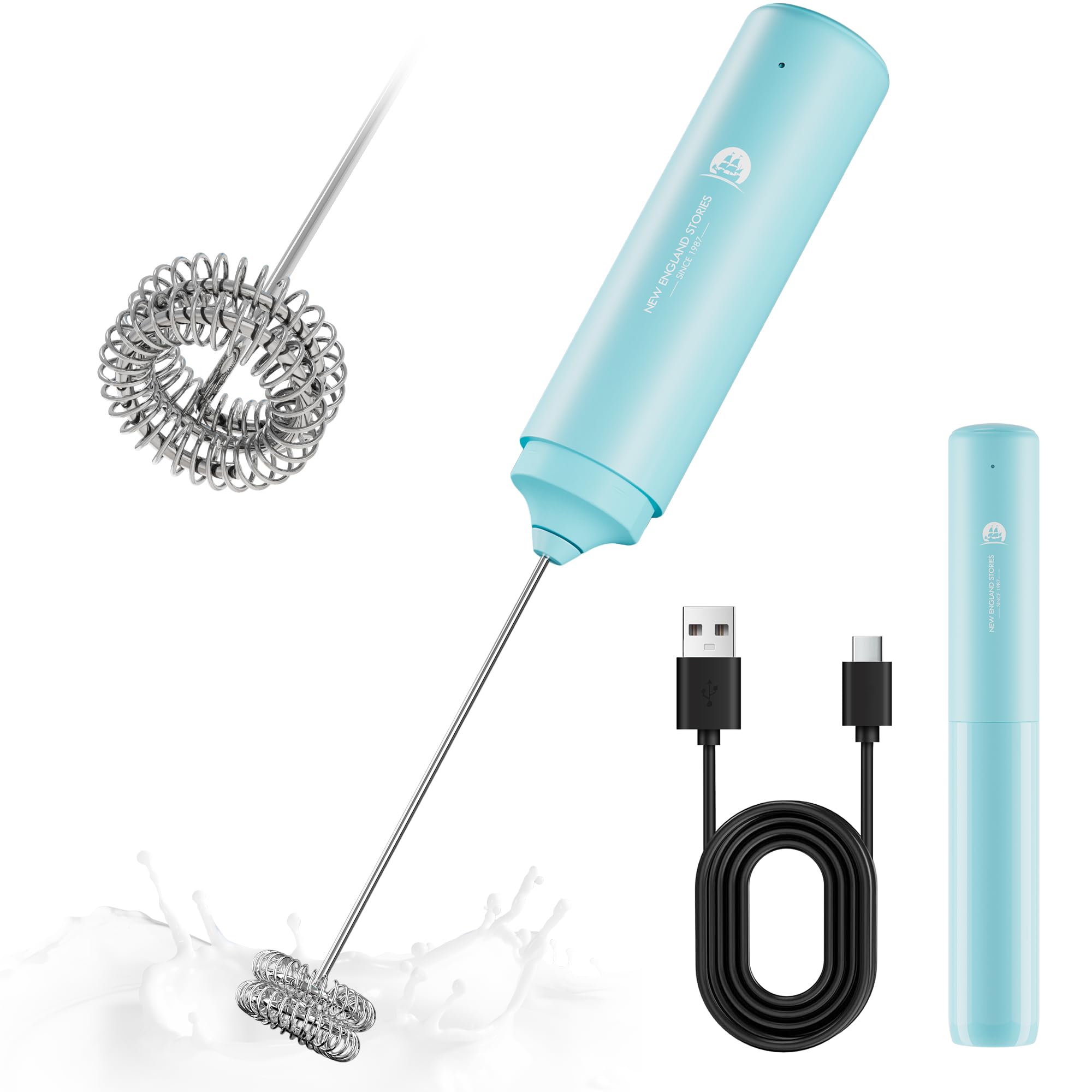 Rechargeable Milk Frother Handheld, 2-in-1 Dual Spring Whisk Electric Frother Wand for Cappuccino Latte Macchiato, Portable Drink Mixer for Coffee, Matcha, Hot Chocolate