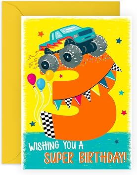 CENTRAL 23 4 Year Old Boy Birthday Card - 4 Monster Truck Birthday - Happy Birthday Card Kids - Age Four - Animals Forth Bday - Gifts Son Nephew Grandson - From Mom Dad - With Fun Stickers