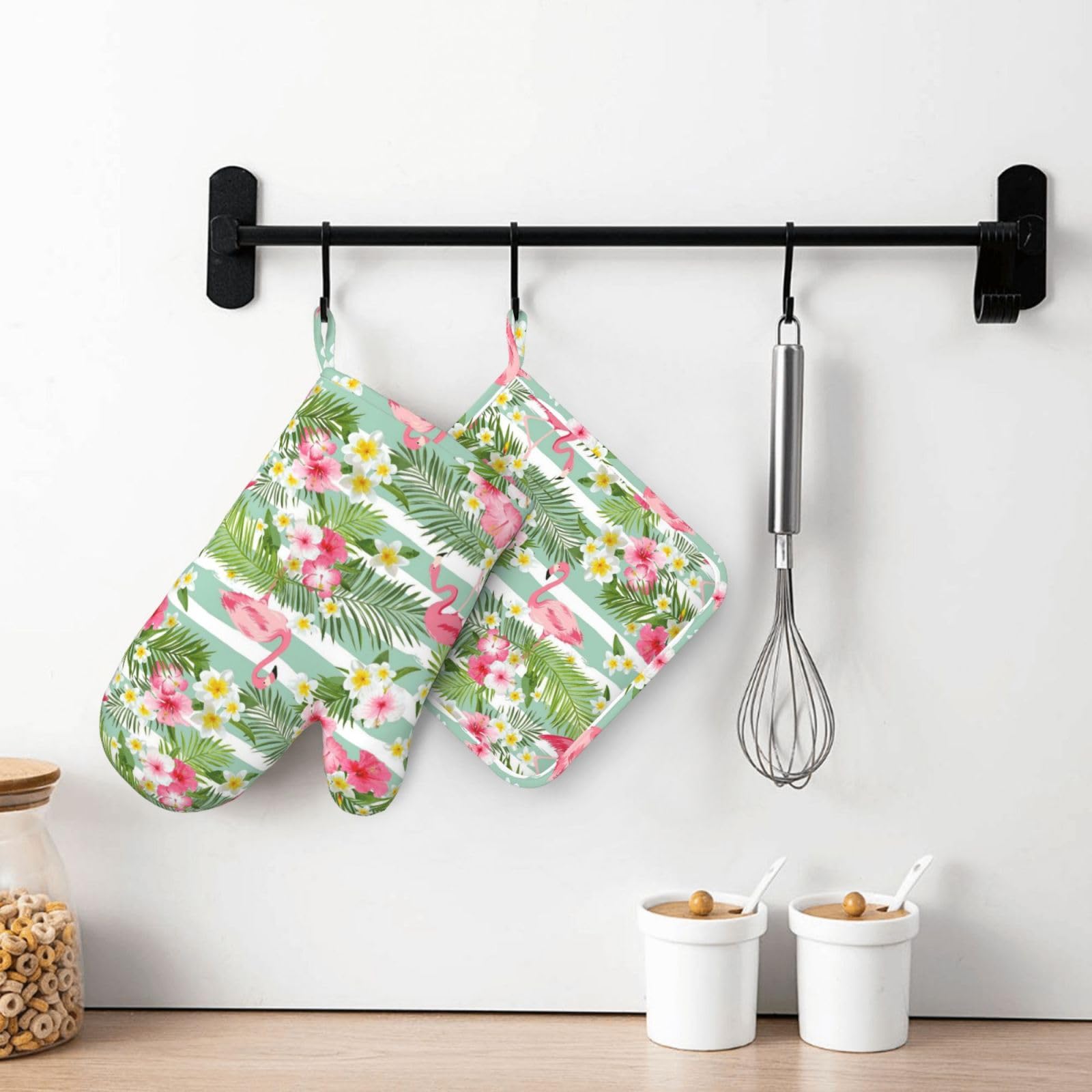Lot de 4 maniques et maniques flamant rose | Moufles de cuisine en silicone motif feuilles tropicales vertes rayées roses pour cuisine, chef, grillades