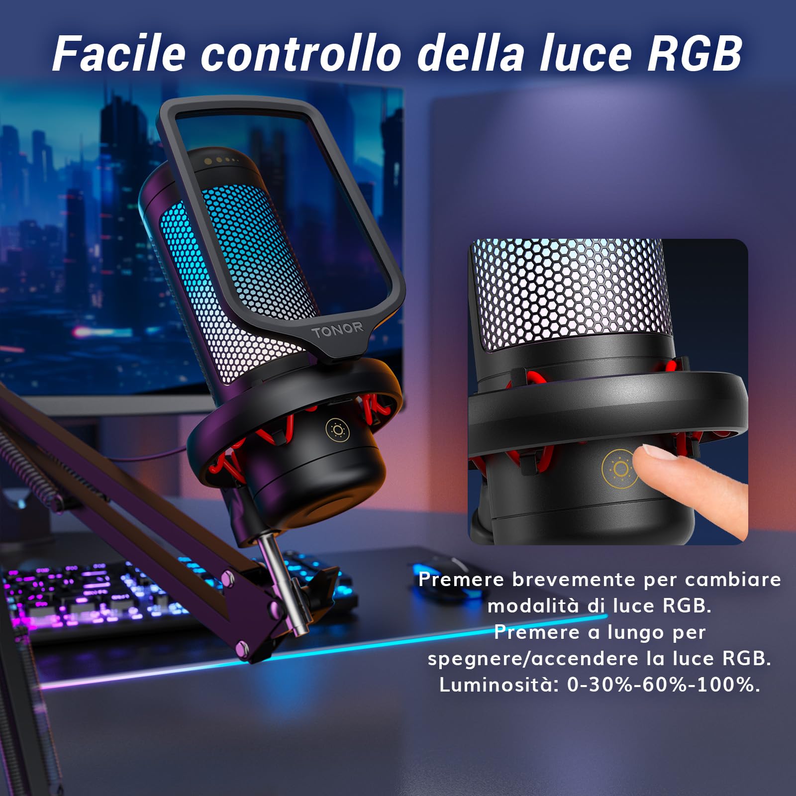 TONOR Gaming Microfono TC310+, USB Microfono a Condensatore Cardioide con RGB, Braccio Regolabile