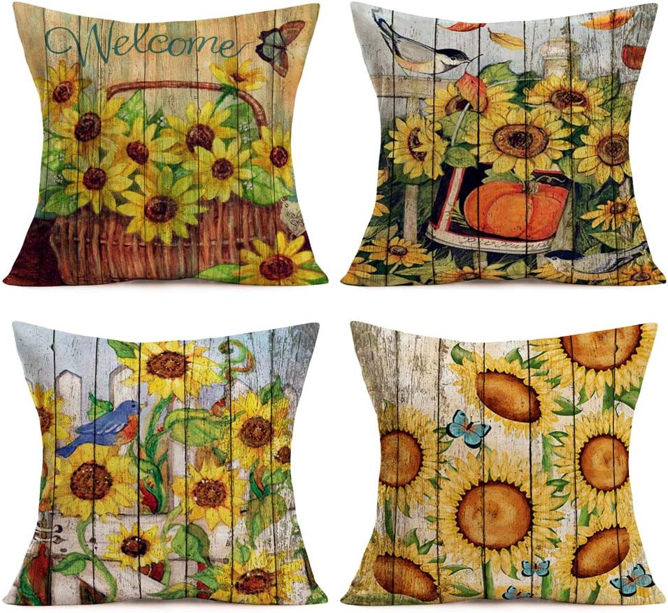 Qinqingo Sunflower Pillow Covers Vintage Wood Grain Background with Sunflower Garden Bird Butterfly Decorative Cotton Linen Square Throw Pillow Cover Cushion Case for Home Sofa 18"x18"(Wood Sunflower)